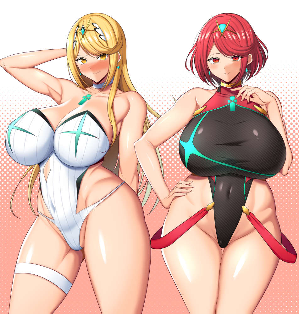 2girls, arm behind back, arm behind head, big breasts, blonde hair, blush, blushing, blushing at viewer, breasts, chest tattoo, choker, closed mouth, clothed, clothed female, clothing, ear piercing, eyebrows, eyebrows visible through hair, eyelashes, eyelashes visible through hair, female, female focus, female only, fully clothed, hair, hair ornament, hand on chest, hand on hip, huge breasts, leotard, long hair, looking at viewer, massive breasts, mythra, navel, nintendo, one-piece swimsuit, pose, posing, pyra, red eyes, red hair, shiny, shiny hair, shiny skin, short hair, simple background, skin tight, skindentation, slightly chubby, smile, smiling, smiling at viewer, swimsuit, swimwear, tanaken, thigh gap, tight clothing, tight fit, voluptuous, xenoblade (series), xenoblade chronicles 2, yellow eyes