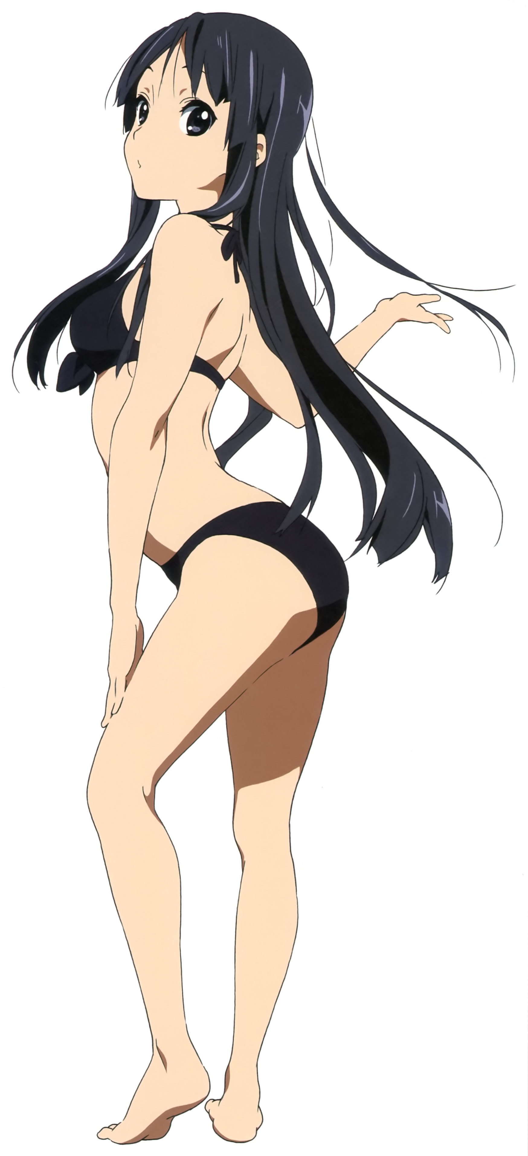 1girls, bikini, black bikini, black hair, feet, female, female only, horiguchi yukiko, k-on!, long hair, looking at viewer, mio akiyama (k-on!), open mouth, presenting, solo, swimsuits