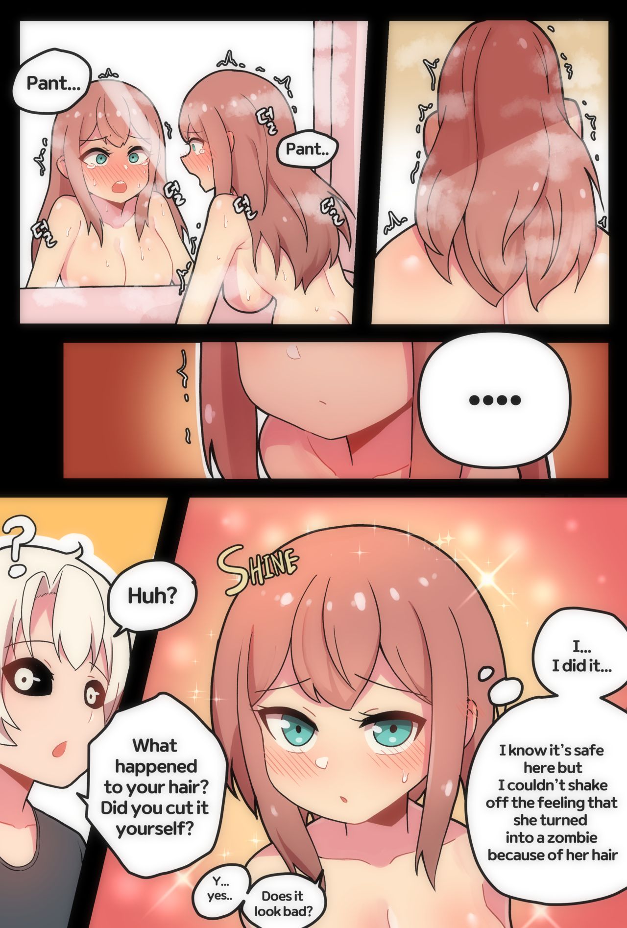 1boy, 1girls, artist request, blush, breasts, comic, creeeen, creeeen zombie girl, cute, english text, female, heavy breathing, light blue eyes, male, mirror, original, original character, panting, shaking, sound effects, tagme, thick thighs, trembling, uncensored, white hair