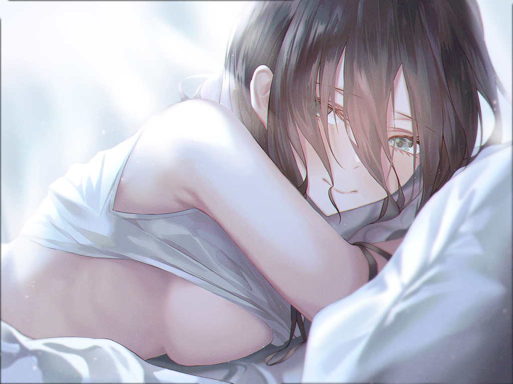 1girls, black hair, breasts, chainsaw man, female, female only, mappa, on bed, pov, reze (chainsaw man), romantic, shirt lift, shounen jump, sideboob