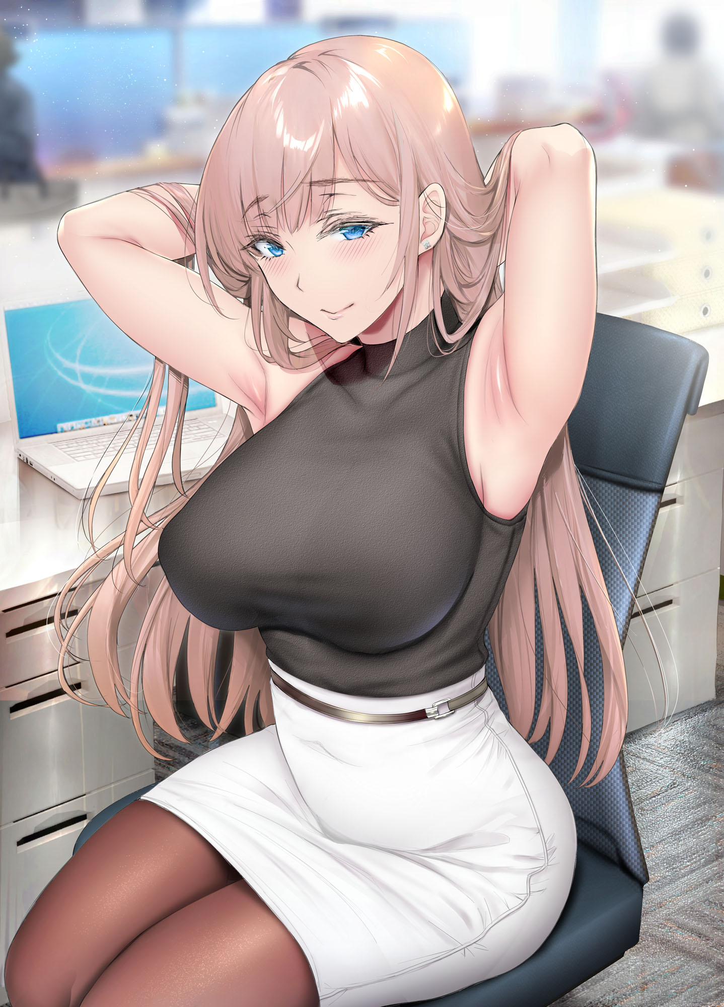 1girls, 2020, absurd res, aqua eyes, armpits, arms behind head, arms up, bare arms, bare shoulders, belt, blonde hair, blue eyes, blurry, blurry background, breasts, chair, clothed, clothing, computer, covered navel, earrings, eyebrows visible through hair, female, female only, gentsuki, hair tucking, highres, huge breasts, indoors, jewelry, laptop, large breasts, long hair, looking at viewer, mature female, office, office lady, original, pantyhose, pencil skirt, shirt, skirt, sleeveless, sleeveless shirt, smile, solo, thick thighs, thighs, tight clothing, tight shirt, very long hair