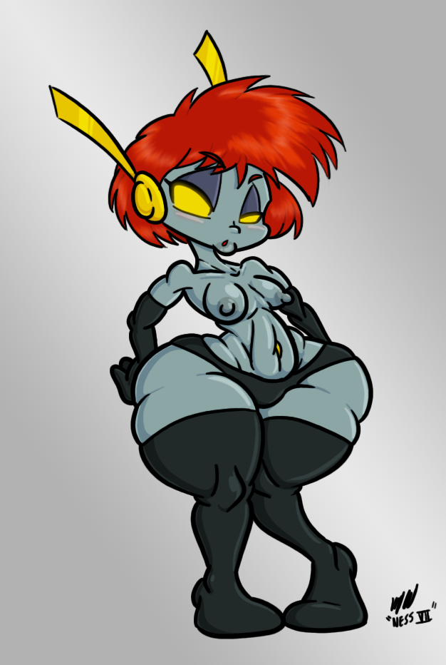 1girls bikini_bottom gloves grey_skin gynoid huge_hips nessvii original_character red_hair shortstack small_breasts stockings topless yellow_eyes