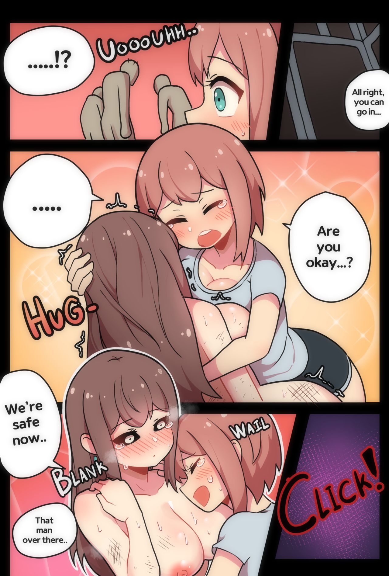 2girls, 3boys, after rape, after sex, big breasts, blush, breasts, brown hair, comic, creeeen, creeeen zombie girl, english text, female, light skin, light-skinned female, male, naked, nipples, nude, original, original character, pale skin, pale-skinned female, sound effects, tagme, thick thighs, trembling, uncensored, zombie