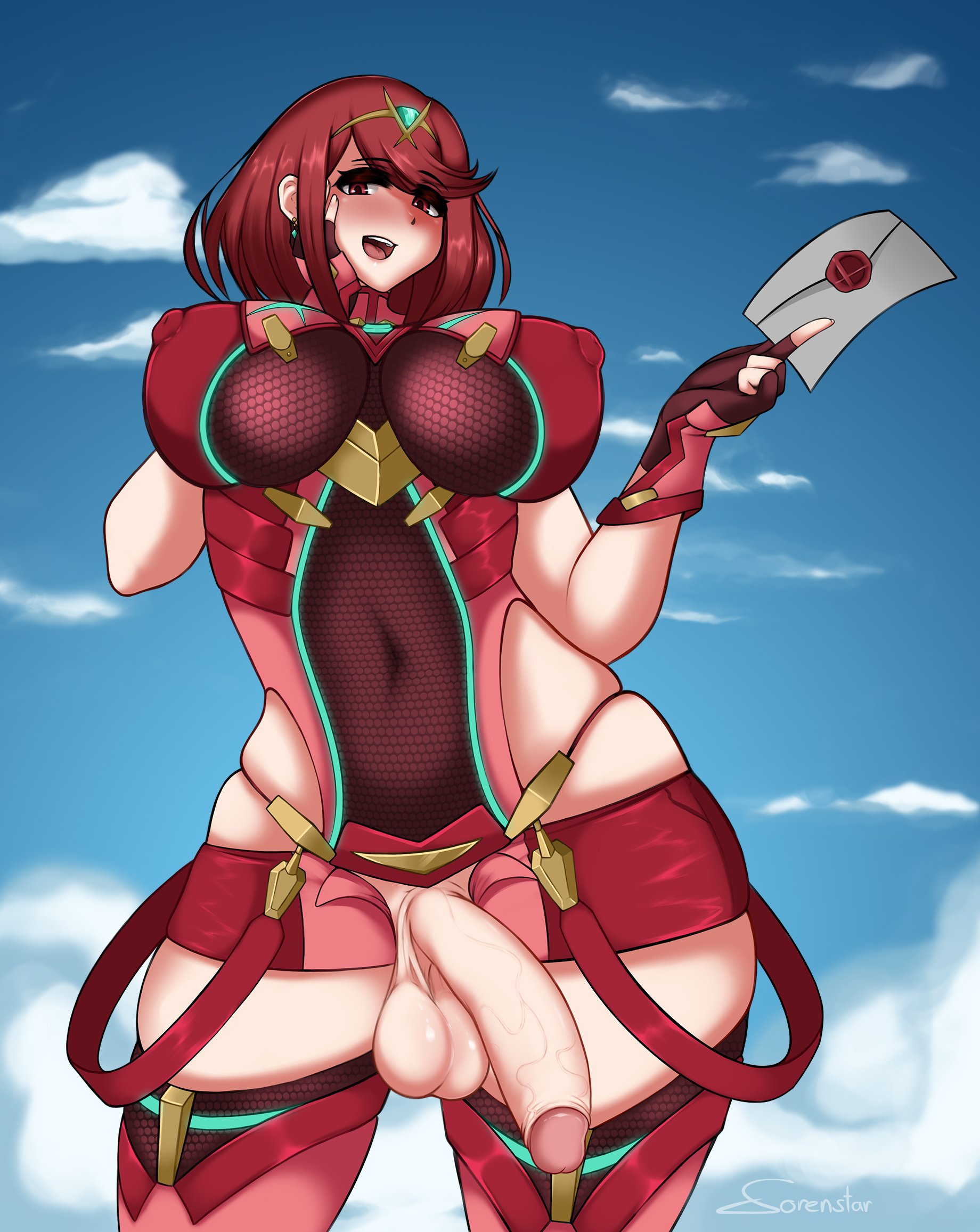 1futa, balls, big breasts, big penis, breasts, clothed, clothing, dickgirl, erection, full-package futa, futa only, futanari, intersex, large breasts, looking at viewer, mostly clothed, pale skin, penis, pyra, skindentation, solo, sorenstarz, standing, super smash bros., testicles, thick thighs, wide hips, xenoblade (series), xenoblade chronicles 2