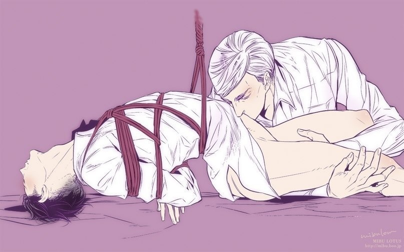 2boys, arms behind head, attack on titan, bare thighs, bondage, erwin smith, gay, hand on thigh, head back, kissing, levi, levi ackerman, male, male/male, multiple boys, multiple males, shingeki no kyojin, tied up, yaoi