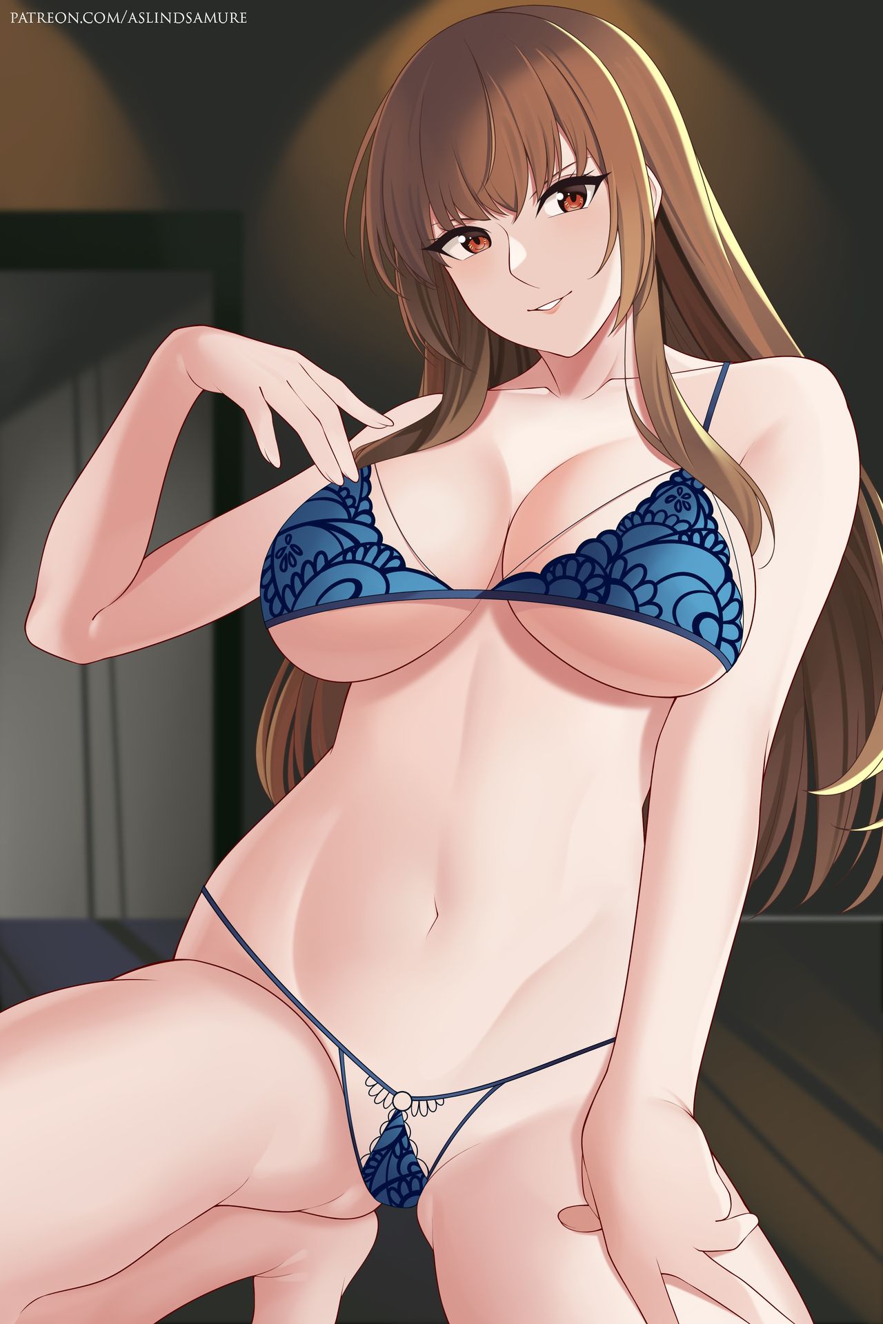 aslindsamure, barefoot, big breasts, bikini, blue lingerie, boobs, breasts, brown hair, cleavage, dead or alive, feet, female, female focus, female only, g-string, hand on thigh, kasumi (doa), large breasts, lingerie, looking at viewer, micro bikini, red eyes, smile, squatting, underboob
