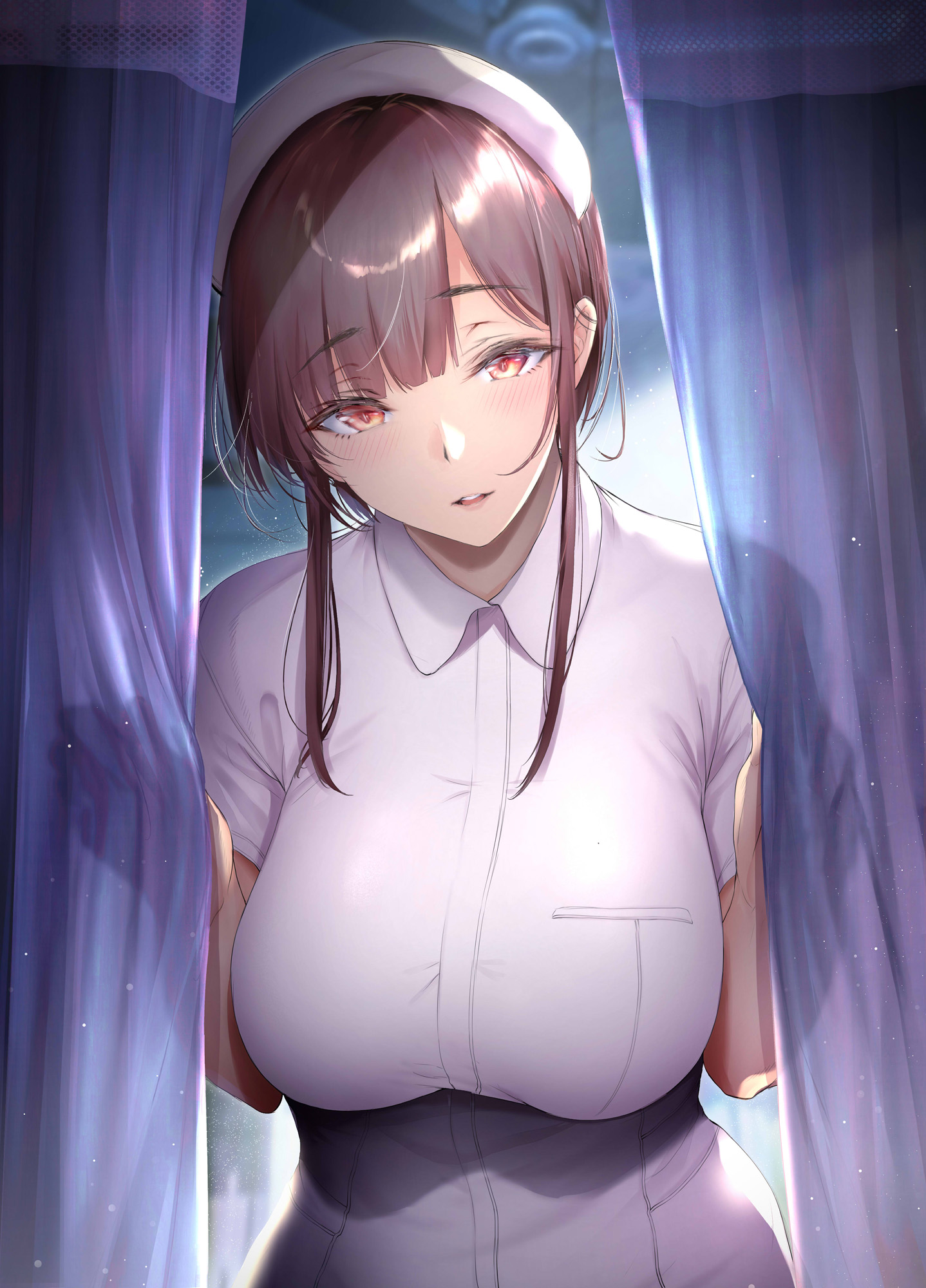 1girls, 2021, absurd res, bare arms, breasts, brown hair, clothed, clothing, curtains, eyebrows visible through hair, female, female only, gentsuki, hat, head tilt, highres, hospital, indoors, large breasts, looking at viewer, nurse, nurse cap, nurse uniform, open mouth, original, red eyes, seductive, short hair, smile, solo, teeth, tongue, uniform