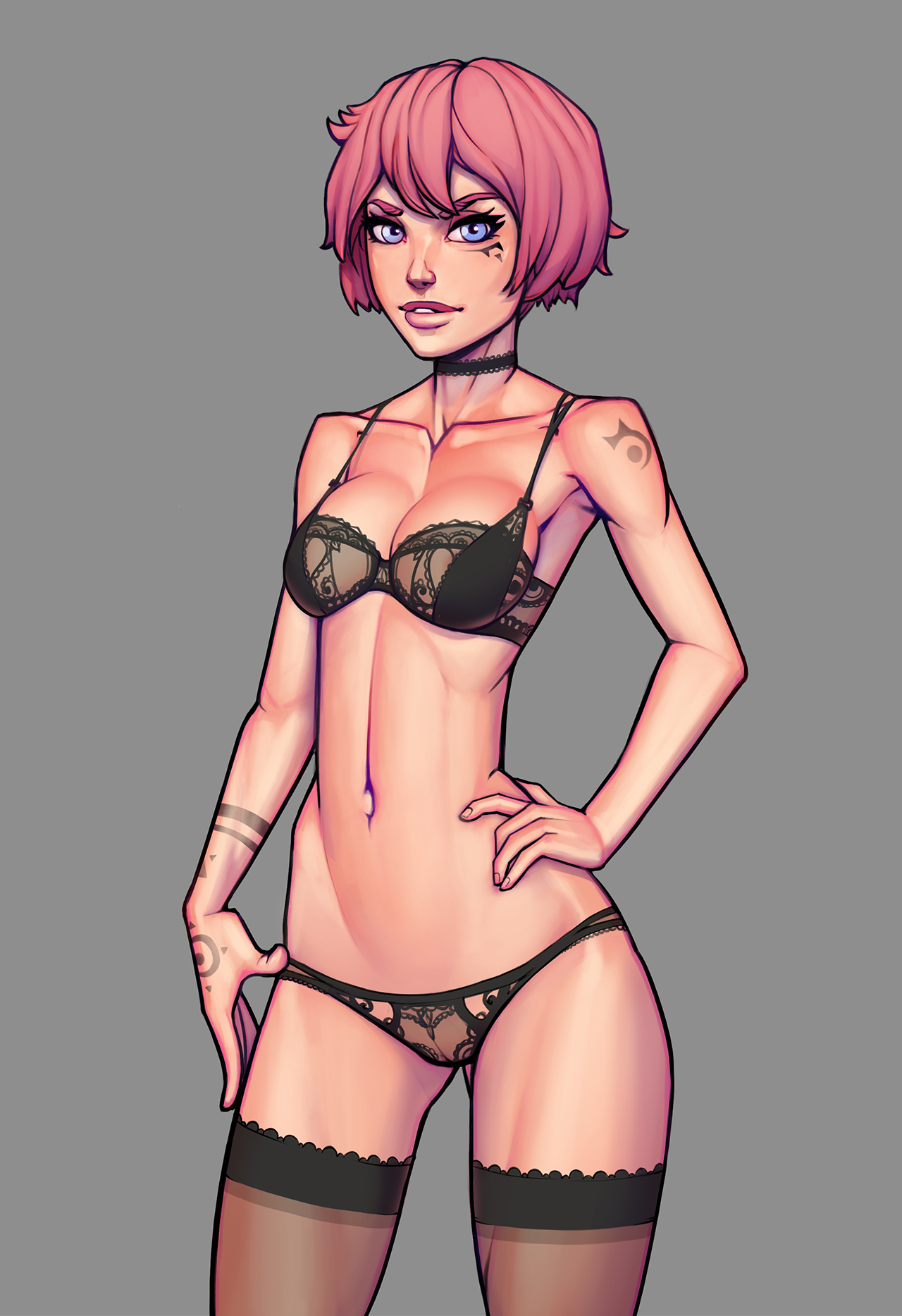 1girls, blue eyes, boobsgames, bra, breasts, female, female only, lingerie, rose (warlock and boobs), solo, tattoo, warlock and boobs