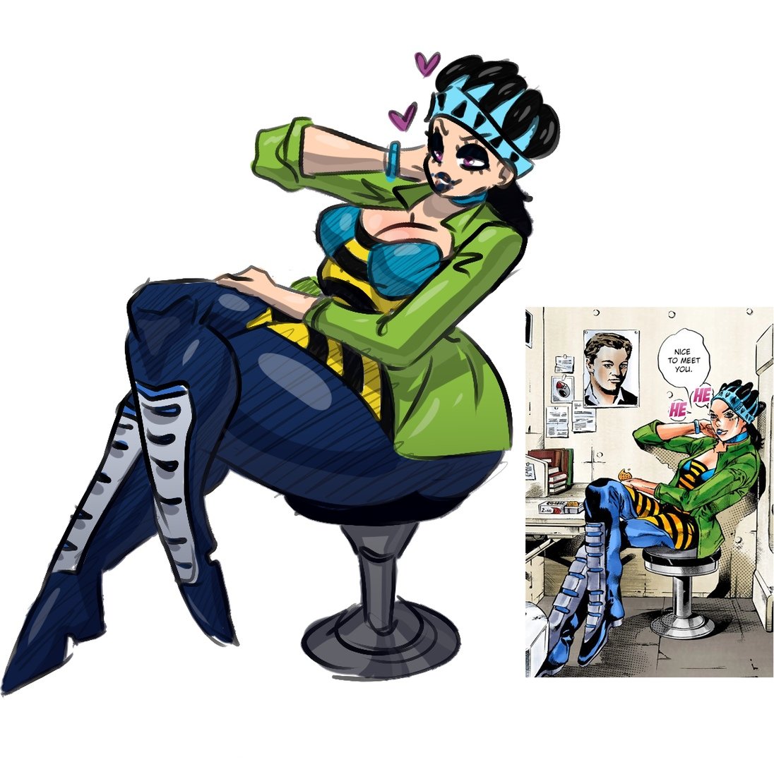 1girls big_ass black_hair bodysuit bracelet cleavage clothed collar gwess heart hirohiko_araki jacket jojo's_bizarre_adventure lipstick pink_eyes redraw short_hair simple_background sitting sitting_on_chair stone_ocean thick_legs thick_thighs white_background