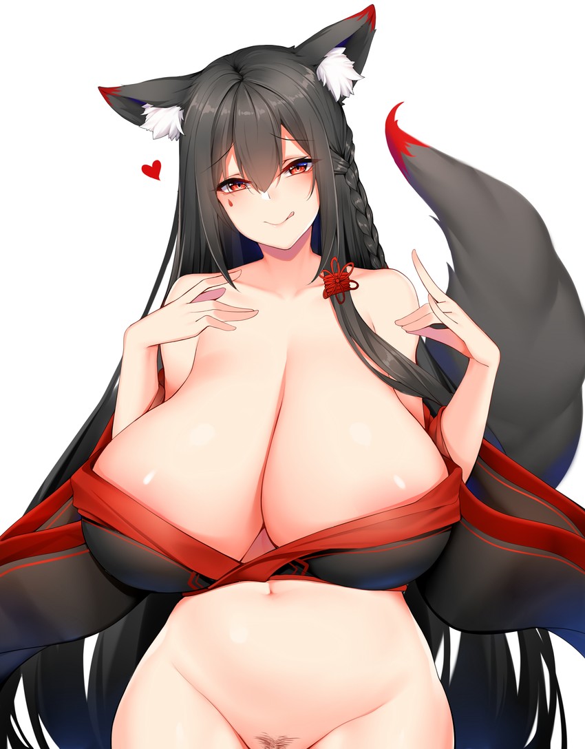 1girls animal_ear_fluff animal_ears black_hair bottomless braid chixiao cleavage female fox_ears fox_tail huge_breasts japanese_clothes kimono navel original red_eyes shiny_skin smile solo tail