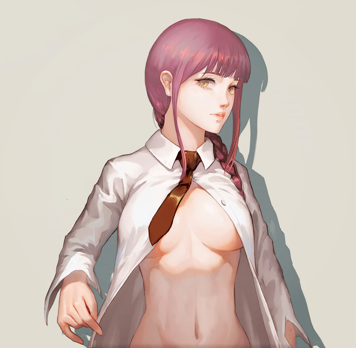 1girls, 2d, braid, business suit, chainsaw man, female, female only, makima (chainsaw man), office lady, open shirt, suit, tie, undressing