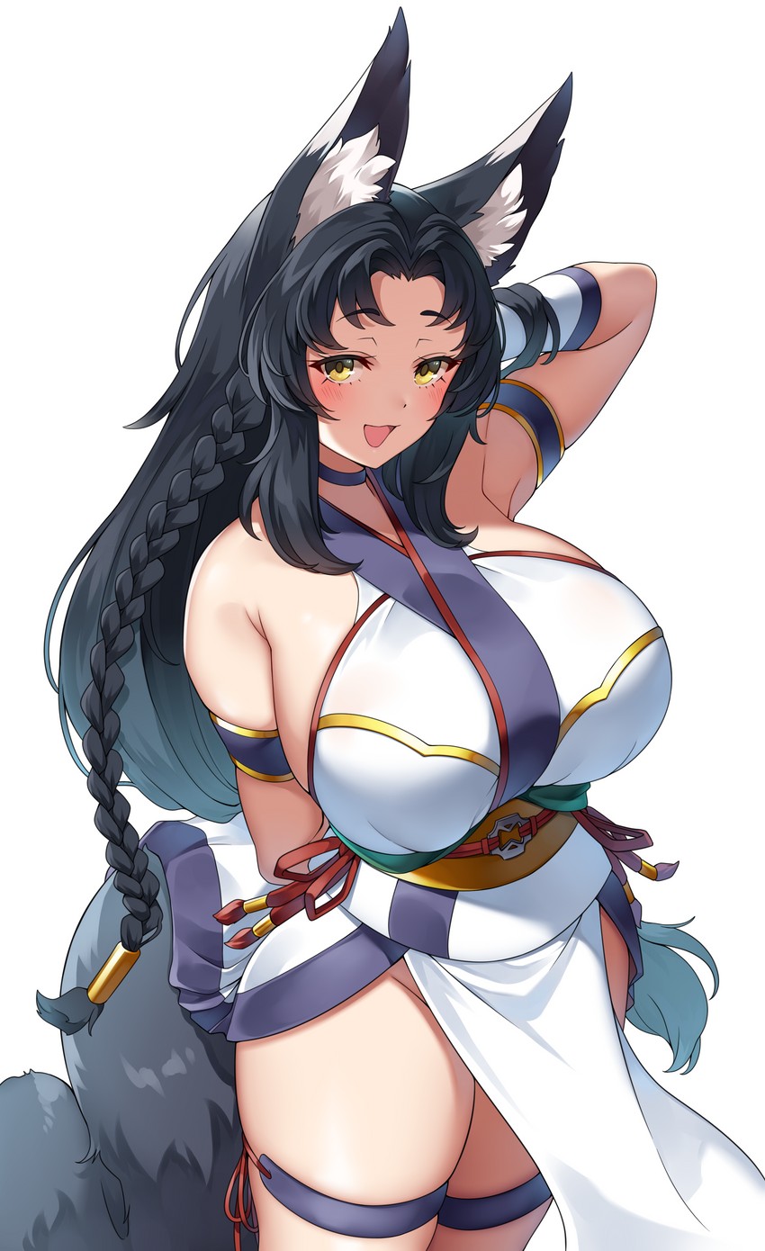 1girls, animal ears, bare shoulders, black hair, blush, braid, breasts, clothed, clothing, female, female only, fox ears, fox tail, huge breasts, humanoid, japanese clothes, kemonomimi, long hair, looking at viewer, mostly clothed, original, pale skin, sideboob, solo, standing, suruga (xsurugax), tail, yellow eyes
