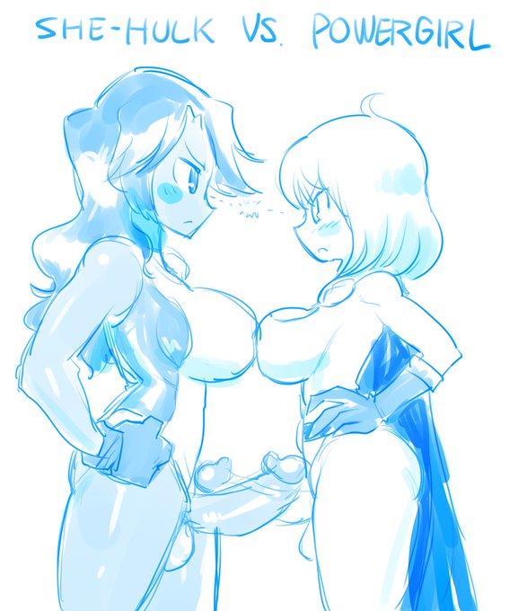 2futas, big breasts, big penis, breast size difference, breasts, cleavage cutout, crap-man, crossover, dc, dc comics, female, futa only, futa with futa, futanari, glaring, gloves, hands on hips, huge breasts, hulk (series), intersex, kara zor-l, large breasts, leotard, marvel, marvel comics, monochrome, penis, penis size difference, penises touching, power girl, she-hulk, staredown, superman (series), tagme, thighs