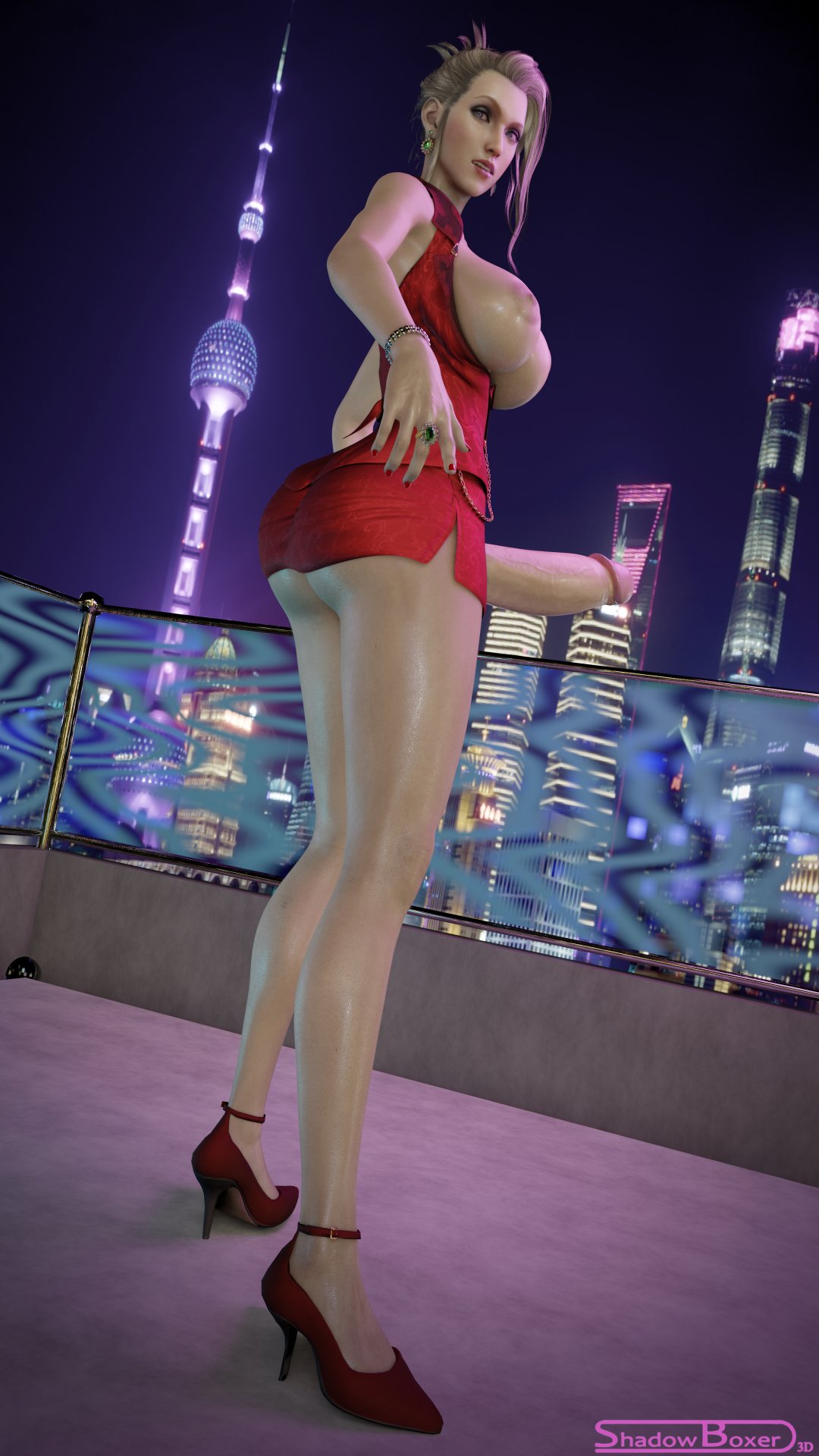 1futa, 3d, areolae, ass, big ass, big breasts, blender, breasts, dickgirl, final fantasy, final fantasy vii, futa only, futanari, high heels, huge cock, intersex, large breasts, nipples, penis, scarlet (ffvii), shadowboxer, solo