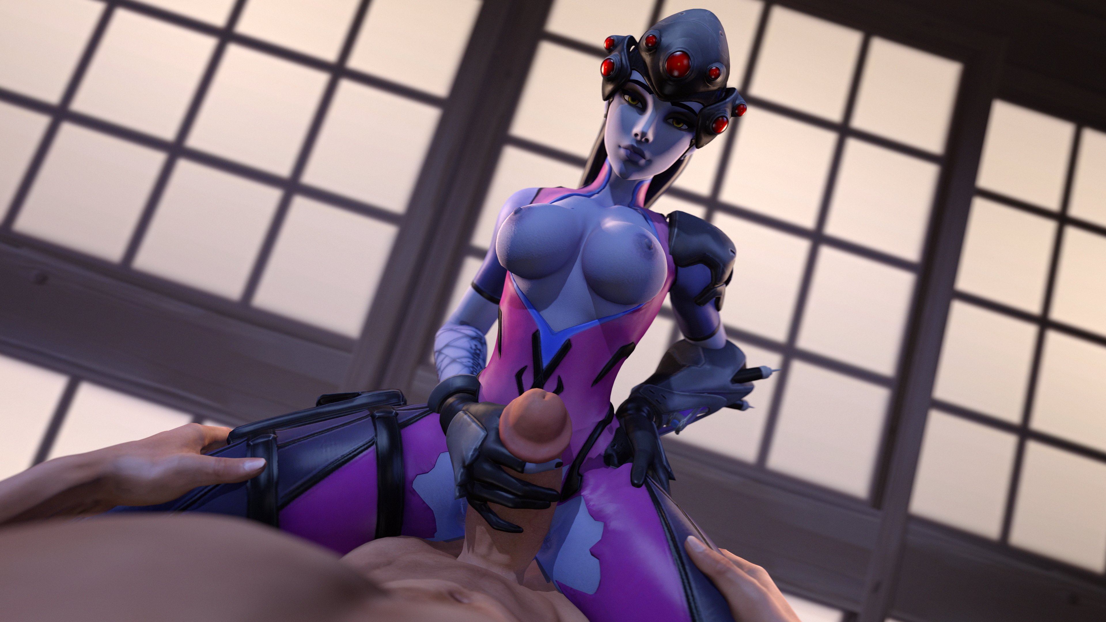 1boy, 1girls, 3d, 3d (artwork), amelie lacroix, big breasts, big penis, black gloves, blizzard entertainment, breasts, clothed sex, cowgirl position, female, gloved handjob, gloves, hand on penis, handjob, handjob with gloves, holding penis, light skin, light-skinned male, male, overwatch, penis, purple skin, steps3d, touching penis, widowmaker