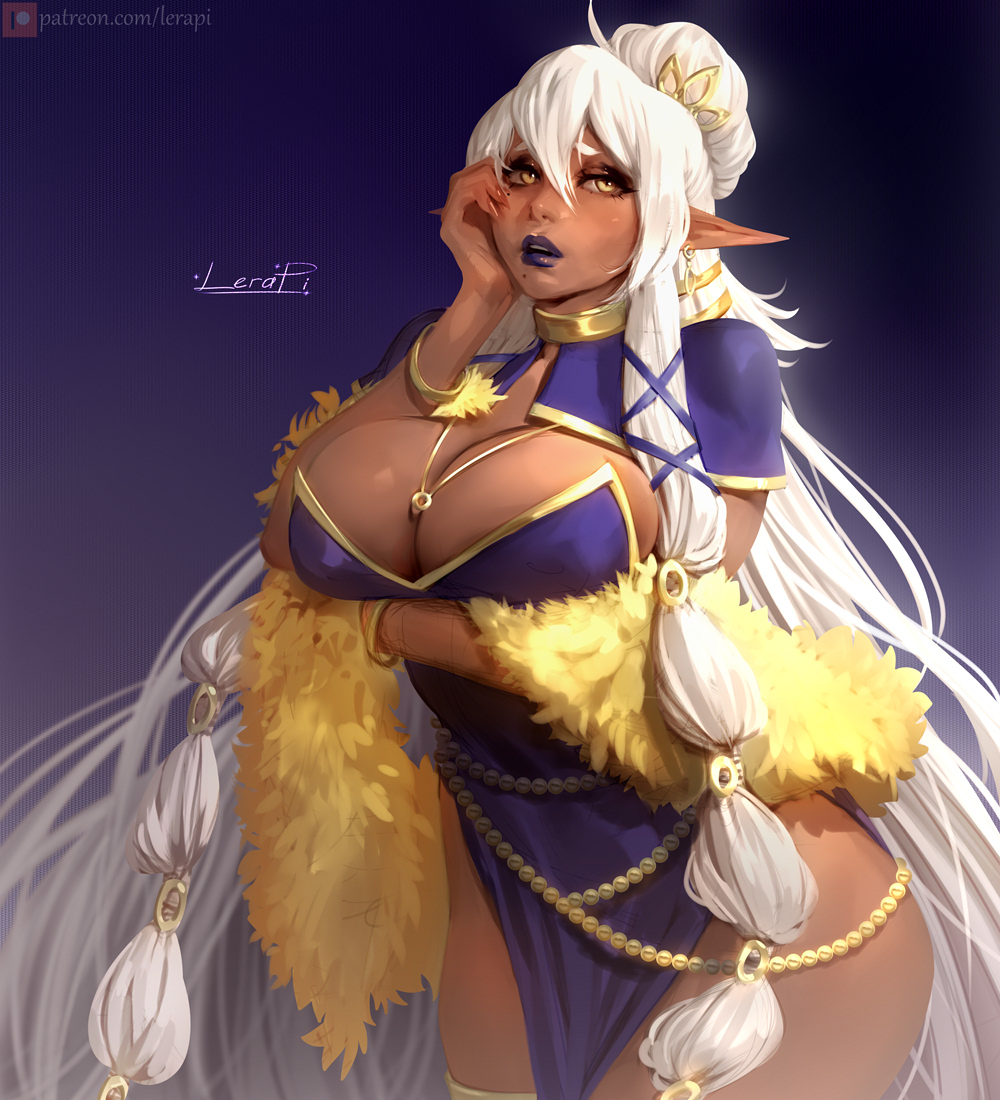 1girls, big breasts, breasts, cleavage, dark skin, dark-skinned female, female, female only, large breasts, lerapi, purple lipstick, realistic, solo