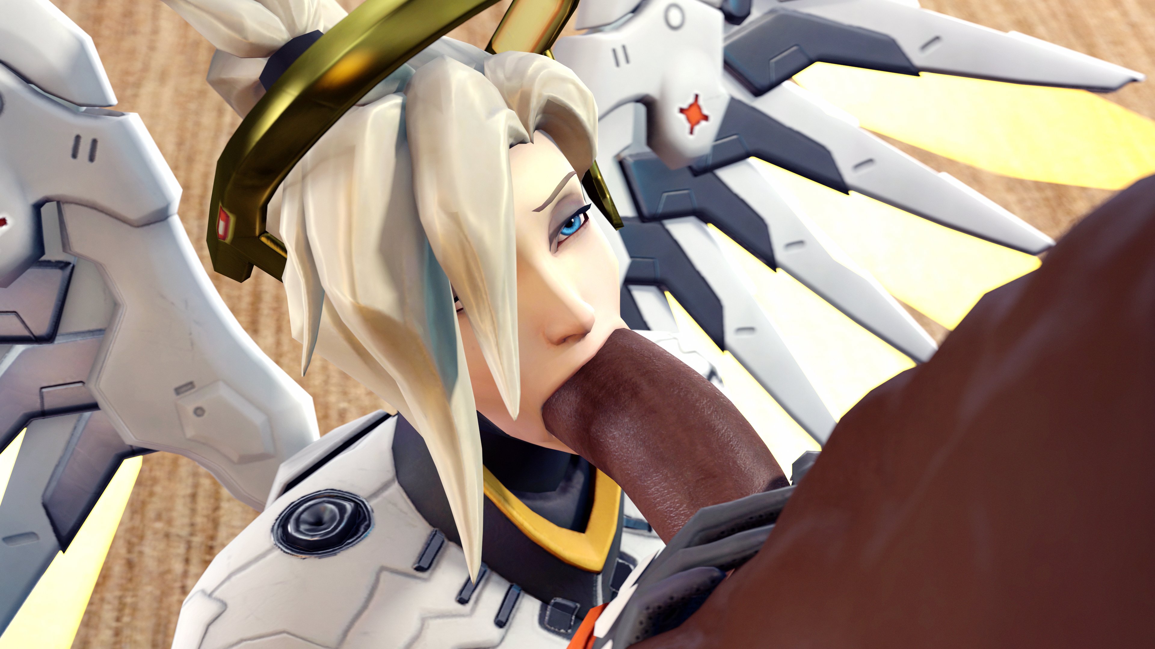 1boy, 1girls, 3d, big penis, blonde hair, blowjob, blue eyes, clothed, dark skin, dark-skinned male, female, human, human only, interracial, light skin, light-skinned female, male, male on female, male/female, mercy, overwatch, pale skin, pale-skinned female, penis, steps3d, straight, tagme