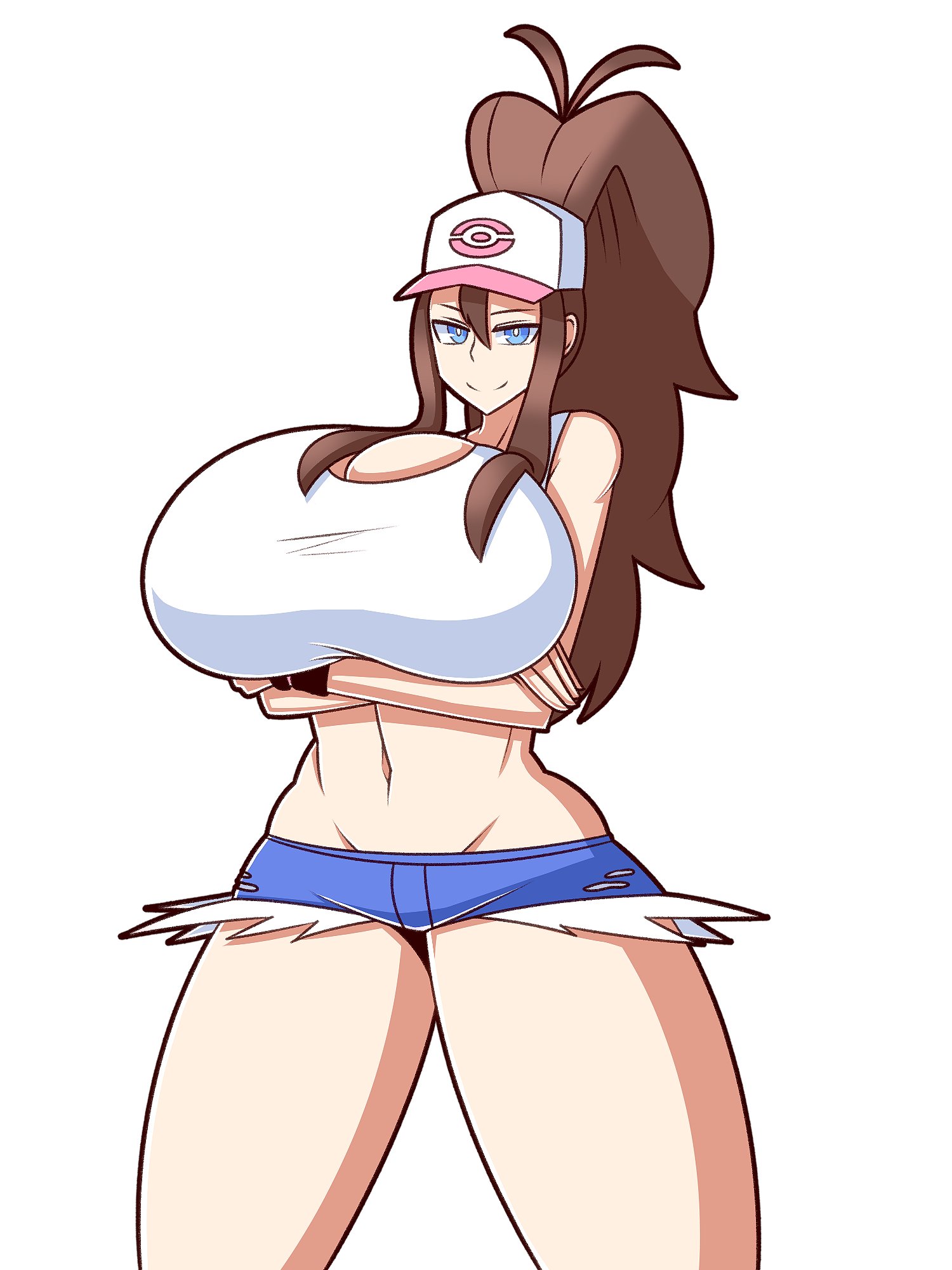 1girls, 3:4, alternate breast size, ass, bare shoulders, belly, belly button, big ass, big breasts, big butt, blue eyes, booty shorts, breasts, brown hair, crossed arms, duskyer, female, female only, happy, hilda (pokemon), hips, huge ass, huge breasts, huge butt, large ass, large breasts, large butt, looking at viewer, navel, pokemon, pokemon bw, ponytail, ripped clothes, ripped clothing, ripped pants, seductive, seductive eyes, seductive look, seductive smile, short shorts, shorts, simple background, sleeveless, sleeveless shirt, smile, smiling, smug, smug face, solo, solo female, standing, tank top, teenager, thick, thick ass, thick thighs, thighs, thin, thin waist, voluptuous, white background, wide hips