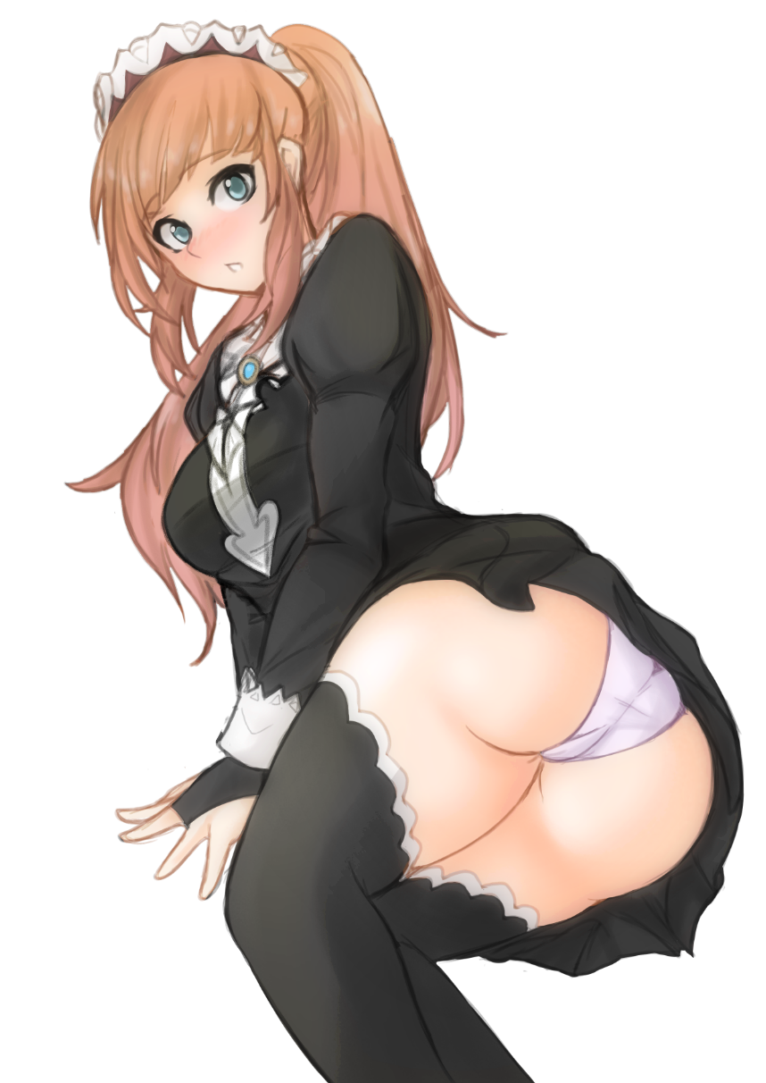 ass ass_focus big_ass blue_eyes blush breasts felicia_(fire_emblem) fire_emblem fire_emblem_fates huge_ass inner_thighs looking_at_viewer maid maid_uniform on_floor orange_hair panties pantyshot ponytail thick_thighs thighhighs transparent_background tridisart upskirt white_panties wide_hips