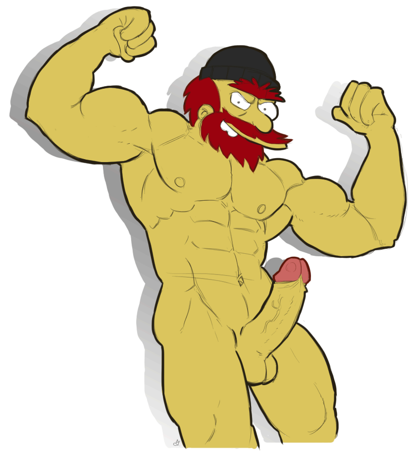 1boy abs anonymous_artist balls bara barazoku beard boner erect_penis erection facial_hair flexing flexing_arms groundskeeper_willie large_penis looking_at_viewer male_only manly muscular_male nude pecs red_hair solo solo_male stocking_cap tagme the_simpsons unibrow veiny_penis white_background yellow_skin