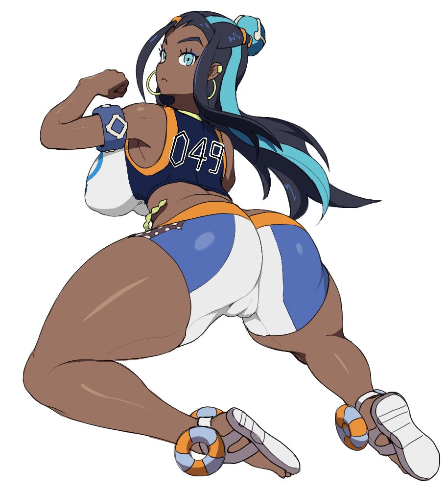 1girls, ass, big ass, big breasts, bike shorts, black hair, blue eyes, breasts, clothed, dark skin, dark-skinned female, fat mons, female, female only, full body, huge ass, looking at viewer, looking back, nessa (pokemon), open toe shoes, pokemon, pokemon ss, shorts, sinensian, solo, sports bra, thick thighs