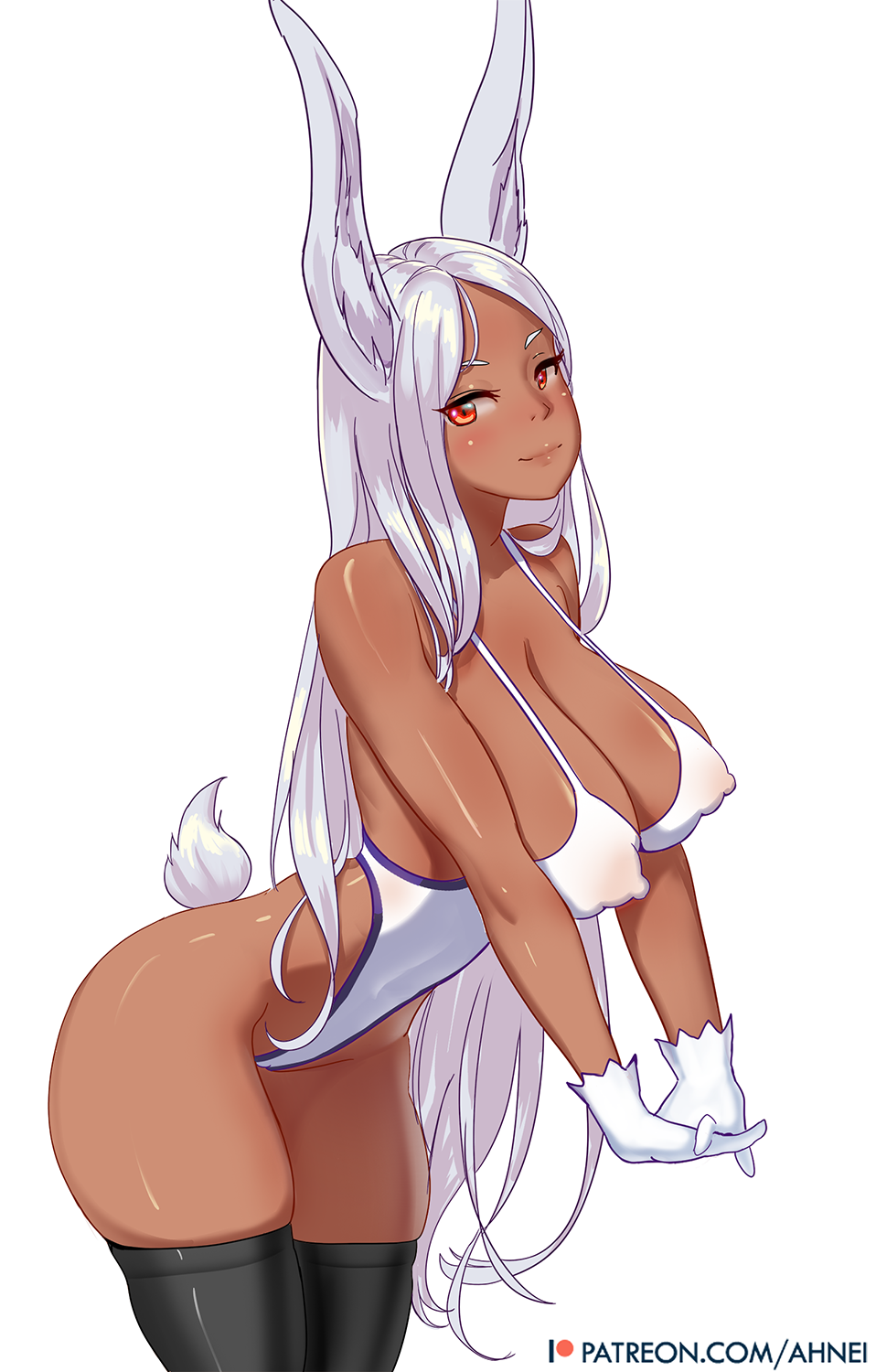 1girls ahnei animal_ears artist_name bare_shoulders big_breasts breasts bunny_ears bunny_tail cleavage clothing dark-skinned_female dark_skin erect_nipples female female_only gloves large_breasts leaning_forward legwear leotard long_hair looking_at_viewer miruko my_hero_academia nipples puffy_areola red_eyes rumi_usagiyama simple_background smile solo standing thighhighs url visible_nipples web_address white_background white_hair