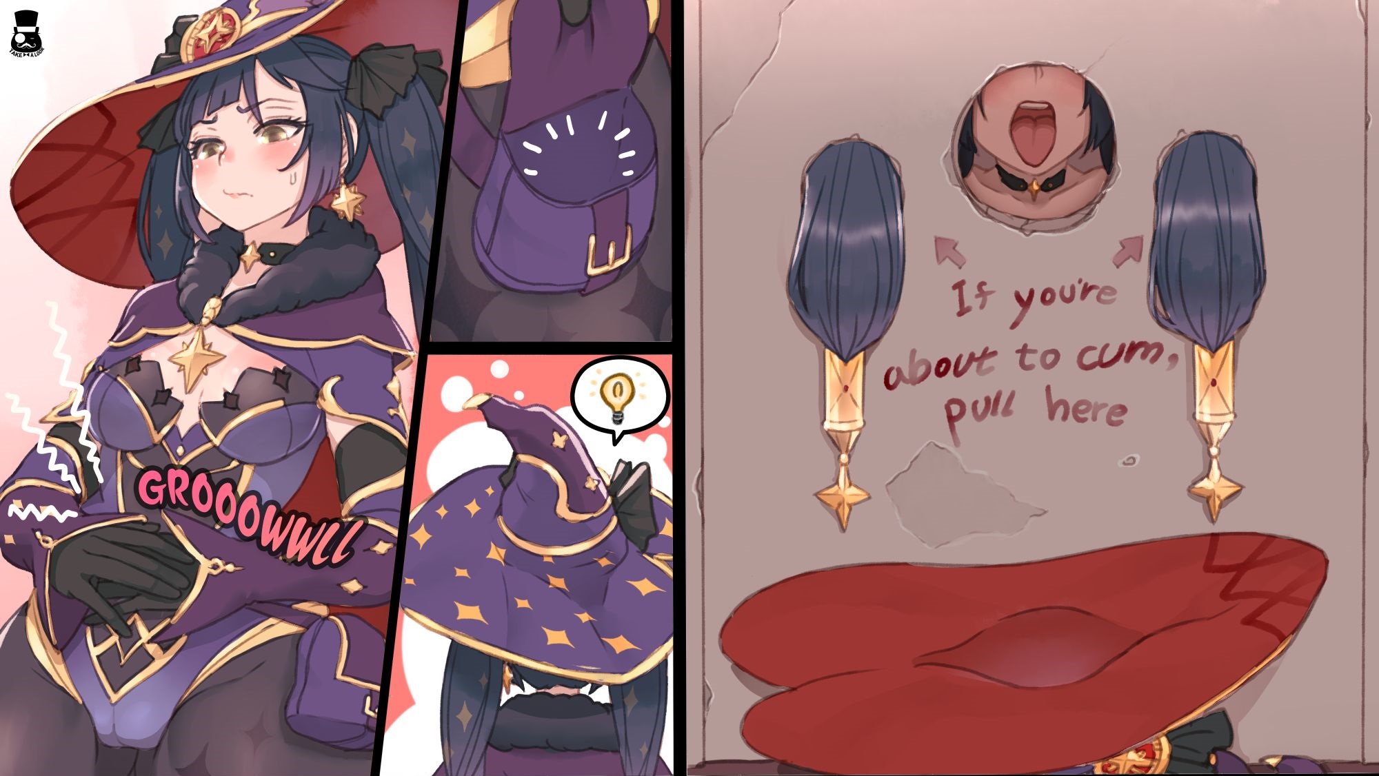 1girls, 5 fingers, cameltoe, english text, female, female only, genshin impact, glory hole, handlebars, hat, hungry, imminent oral, mona (genshin impact), mr.takealook, open mouth, public use, purse, pussy, tongue, tongue out, twintails