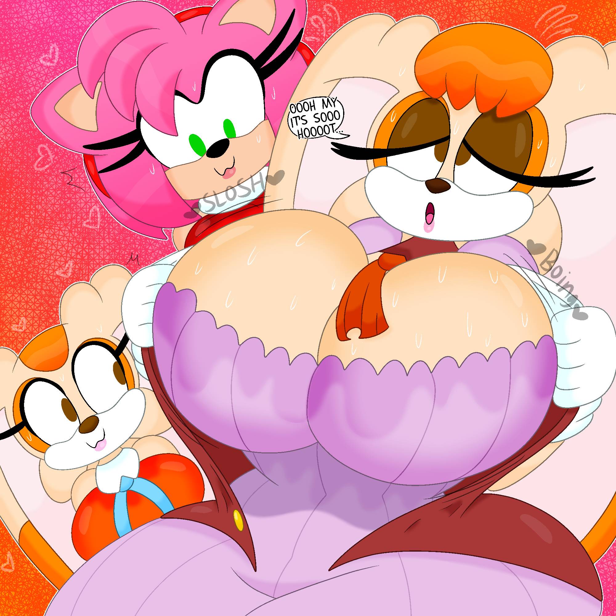 3barts, 3girls, amy rose, anthro, big breasts, breasts, cleavage, cream the rabbit, female, female focus, female only, huge breasts, large breasts, lesbian, multiple females, multiple girls, sega, sloshing breasts, sonic (series), sweat, tagme, top heavy, undressing, vanilla the rabbit, wide hips