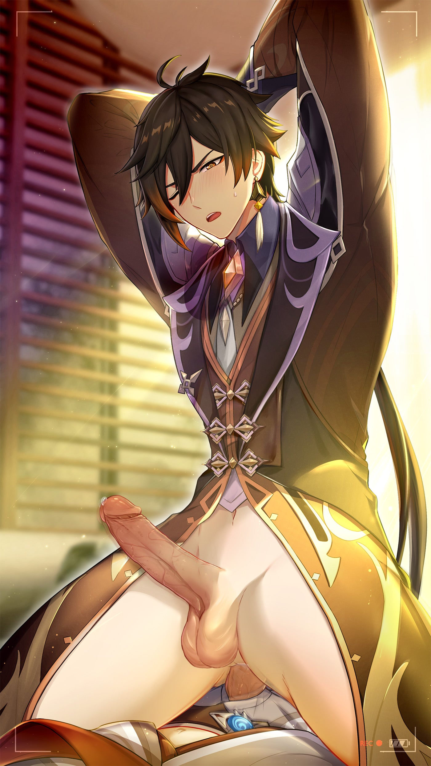 2boys, background, bareback riding, black hair, blush, bodily fluids, childe (genshin impact), clothing, erection, gay, genital fluids, genshin impact, male, male only, male/male, penis, precum, recording, riding, serok, sweat, tartaglia (genshin impact), yaoi, zhongli (genshin impact)