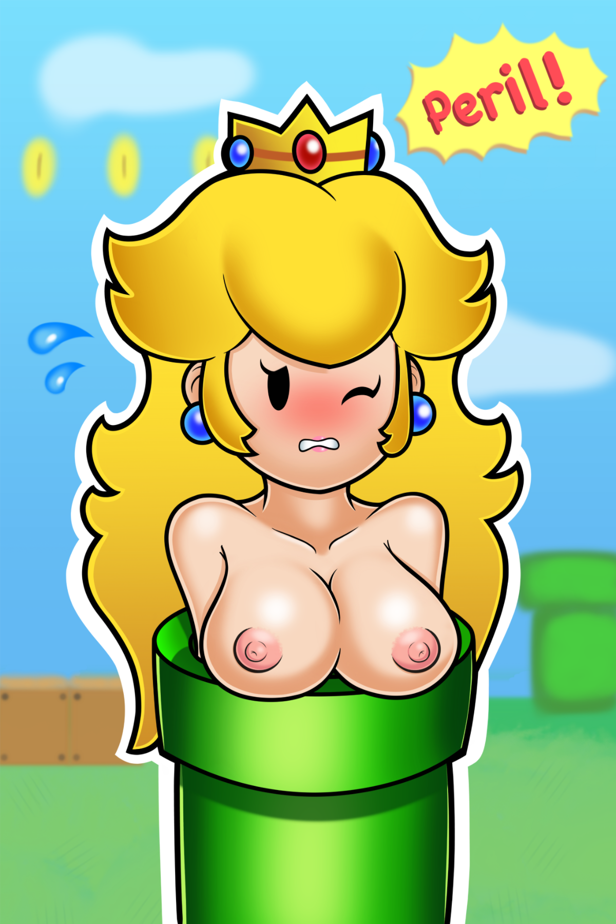 1girls, areolae, big breasts, black eyes, blonde hair, blush, breasts, collarbone, crown, earrings, eyelashes, female, female only, hair, long hair, mario (series), mob face, nintendo, nipples, one eye closed, paper mario, paper peach, parted lips, princess peach, royalty, sleepiitreat, solo, solo female, stuck, teeth, video games