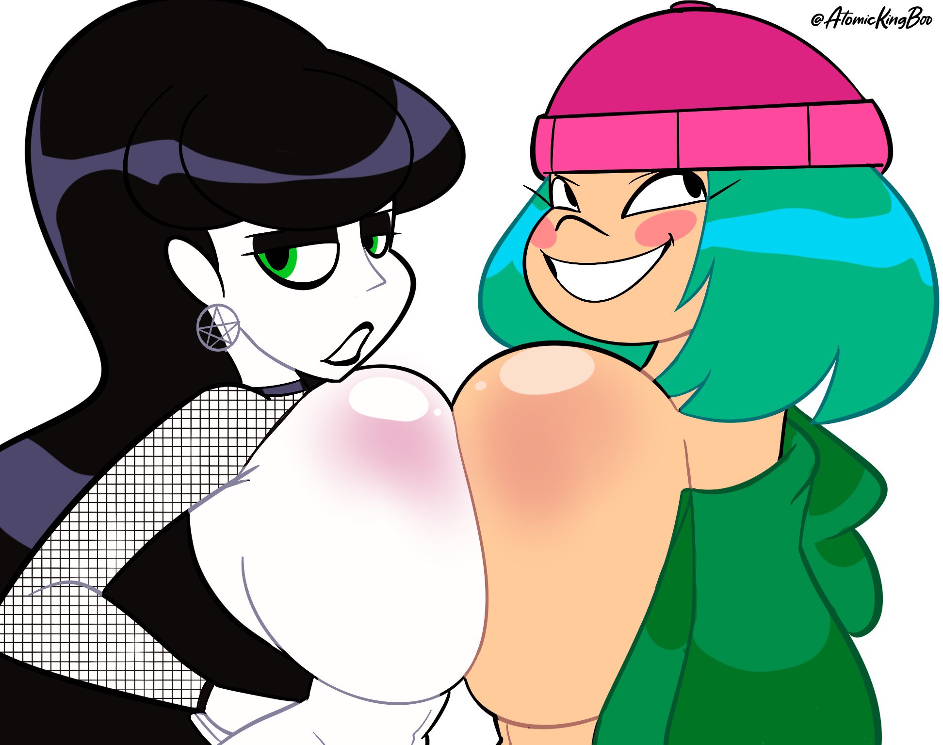 2girls, artist name, artist signature, atomickingboo, background, black hair, black lipstick, breast press, breasts, breasts pressed together, bust, busty, cleavage, crossover, curvaceous, curvy, curvy figure, eyes, female, female focus, fishnets, gamer girl, glasses, goth, goth girl, green eyes, green hair, hair, hourglass figure, huge breasts, large breasts, legs, light skin, light-skinned female, lindel dollice quilten, lips, lipstick, long hair, lower body, moni peiper, oc, ocs, original, original character, original characters, pale skin, pale-skinned female, short hair, simple background, the besties (atomickingboo), thick, thick legs, thick thighs, thighs, top heavy, upper body, voluptuous, watermark, white body, white skin
