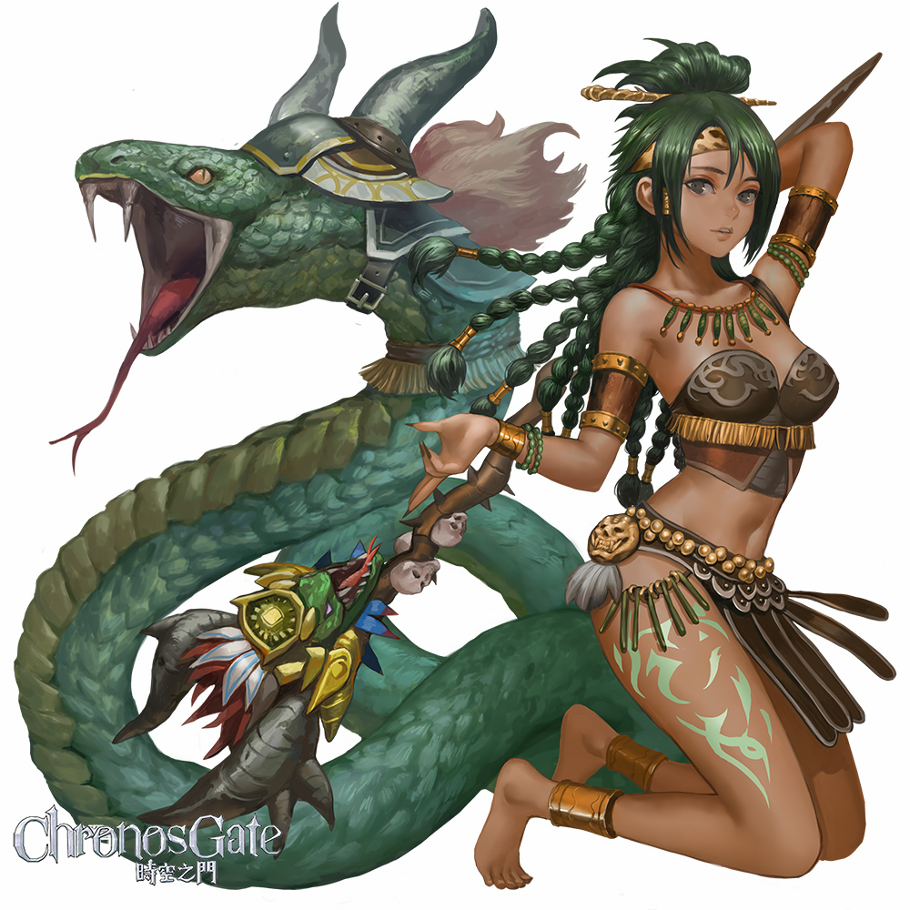 1girls anklet armlet arms_up bare_arms bare_legs bare_shoulders barefoot black_nails bracelet braid braided_hair breasts brown_skin chronos_gate danann dark-skinned_female dark_skin feet female female_focus female_only gold gold_jewelry green_hair grey_eyes hair_ornament jewelry legs_together long_hair long_nails looking_at_viewer medium_breasts midriff official_art on_knees original pelvic_curtain ponytail posing solo solo_focus stomach tattoo thighs toes toned toned_female tribal