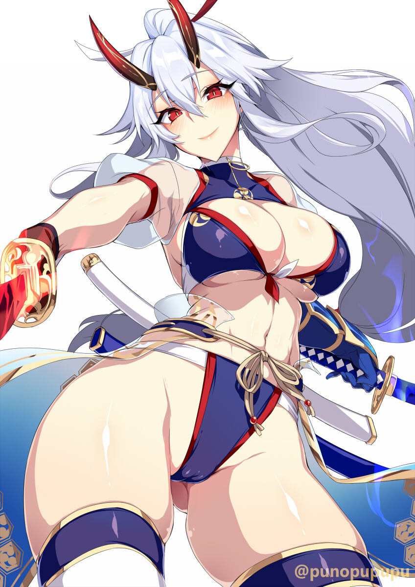 ass_visible_through_thighs blue_swimsuit fate/grand_order fate_(series) flowing_hair katana large_breasts navel oni oni_horns ponytail punopupupu red_eyes slight_blush smile thick_thighs tomoe_gozen_(fate) tomoe_gozen_(swimsuit_saber) white_hair zeroshiki_kouichi