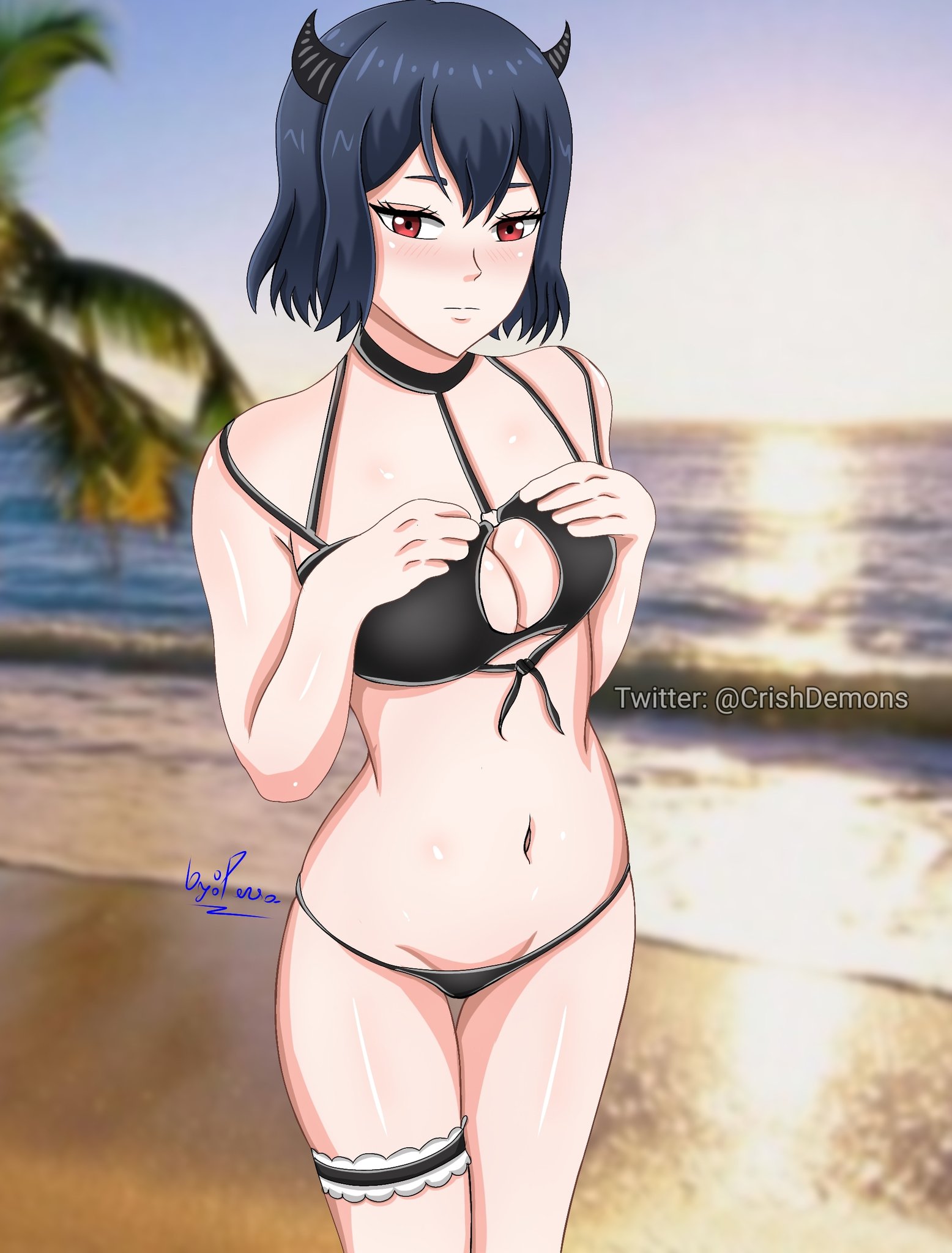 1girls, bare arms, bare legs, bare shoulders, beach, bikini, black clover, black hair, blush, breasts, cleavage, crishdemons, female, female only, flat belly, horns, hourglass figure, looking at viewer, navel, petite, red eyes, secre swallowtail, short hair, solo, solo female, standing, stomach, tagme, thigh gap, thighs, water, watermark