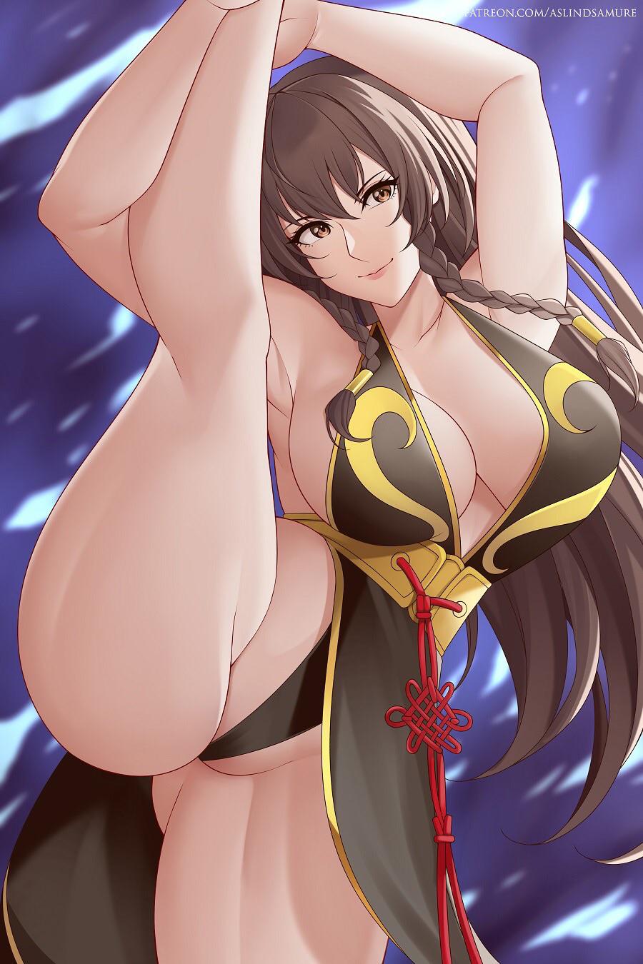 alternate costume, alternate hairstyle, asian, aslindsamure, big breasts, braids, breasts, brown hair, capcom, chun-li, chun-li (battle ouffit sfv), cleavage, female, fully clothed, raised leg, revealing clothes, street fighter, street fighter v, tagme, tagme (artist), vertical splits, video games
