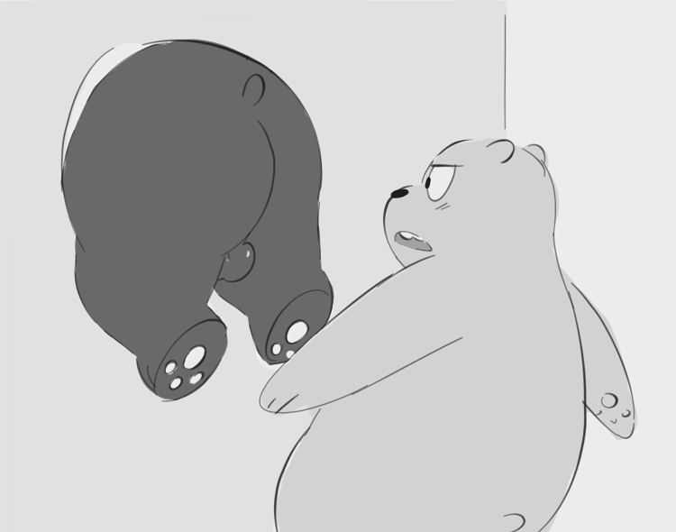 anthro ass balls blush brown_bear cartoon_network duo feet genitals giant_panda grizzly_(wbb) hole_in_wall male male/male mammal monochrome panda_(wbb) paws presenting presenting_hindquarters simple_background sodabox tagme through_wall ursid ursine we_bare_bears