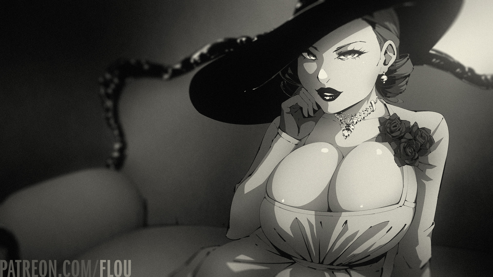 1girls, alcina dimitrescu, big breasts, breasts, cleavage, female, female only, flou, huge breasts, large breasts, looking at viewer, monochrome, resident evil, resident evil 8: village, solo
