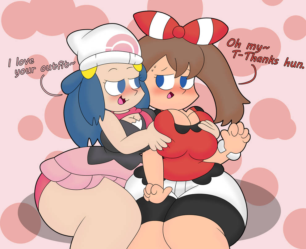2girls, 3barts, big breasts, bike shorts, blue eyes, blue hair, breast grab, breasts, brown hair, dawn (pokemon), dialogue, female, female only, game freak, groping, human, may (pokemon oras), may (pokemon), nintendo, pokemon, pokemon dppt, pokemon oras, text, wide hips, yuri
