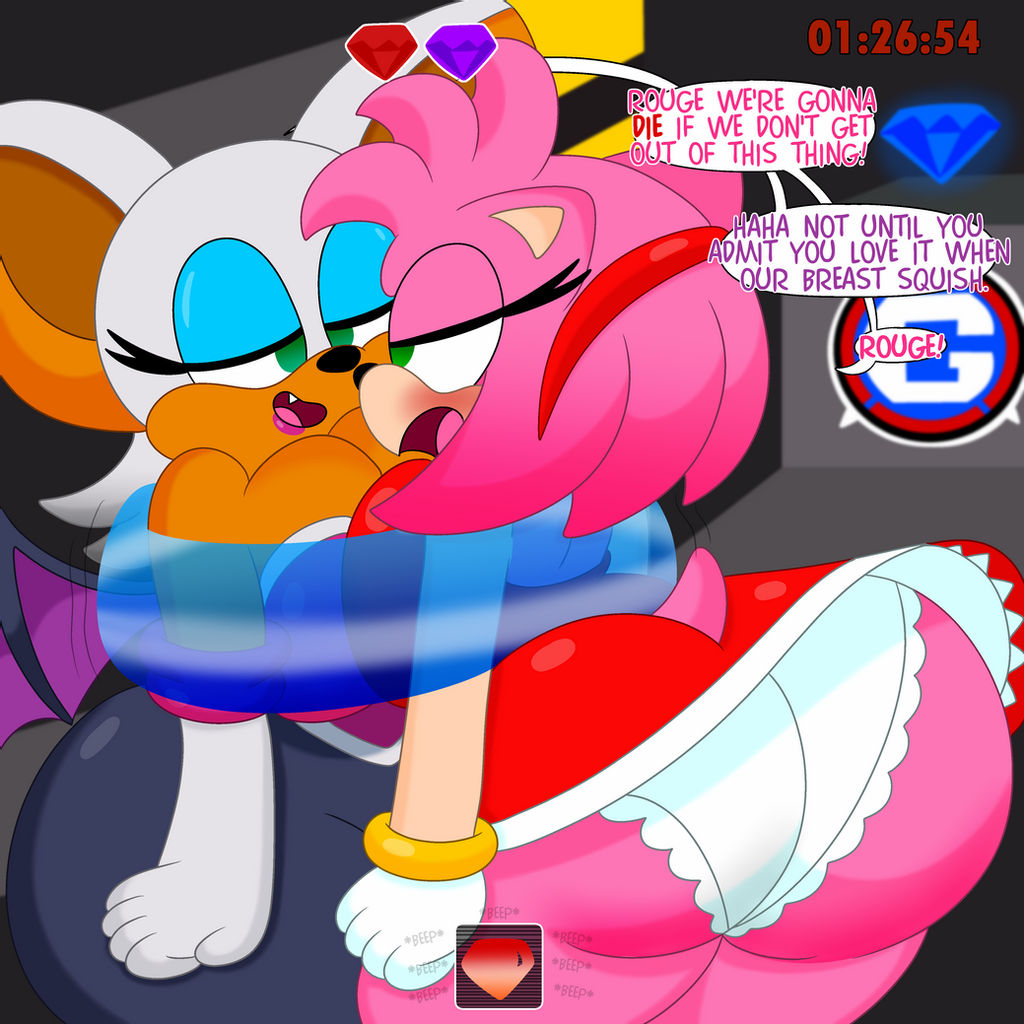 2girls, 3barts, amy rose, ass, big ass, big breasts, bimbo, breast focus, breast press, breasts, bubble ass, bubble butt, chaos emerald, cleavage, female, huge breasts, multiple females, multiple girls, rouge the bat, sega, sonic (series), symmetrical docking, upskirt, wide hips, yuri