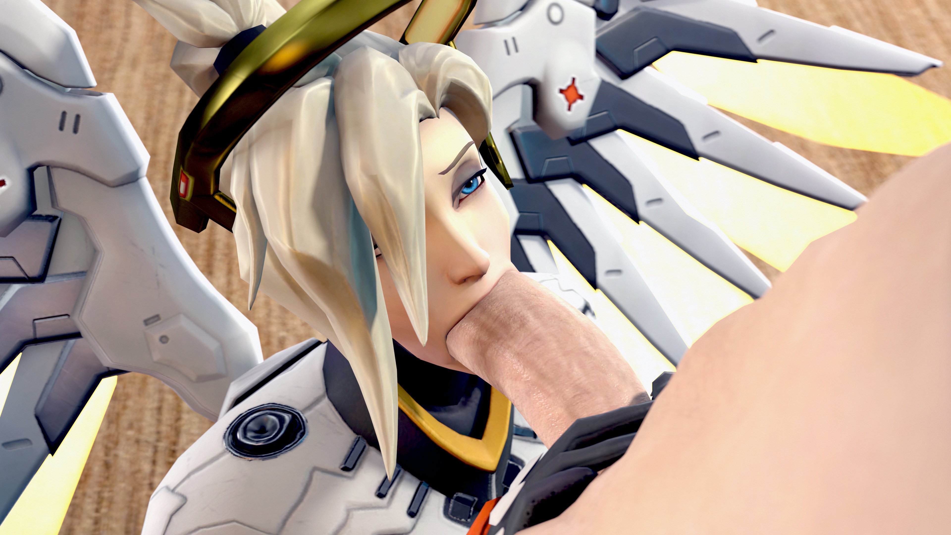 3d, big penis, blonde hair, blowjob, blue eyes, clothed, female, light skin, light-skinned female, light-skinned male, male, mercy, overwatch, pale skin, pale-skinned female, pale-skinned male, penis, steps3d, tagme