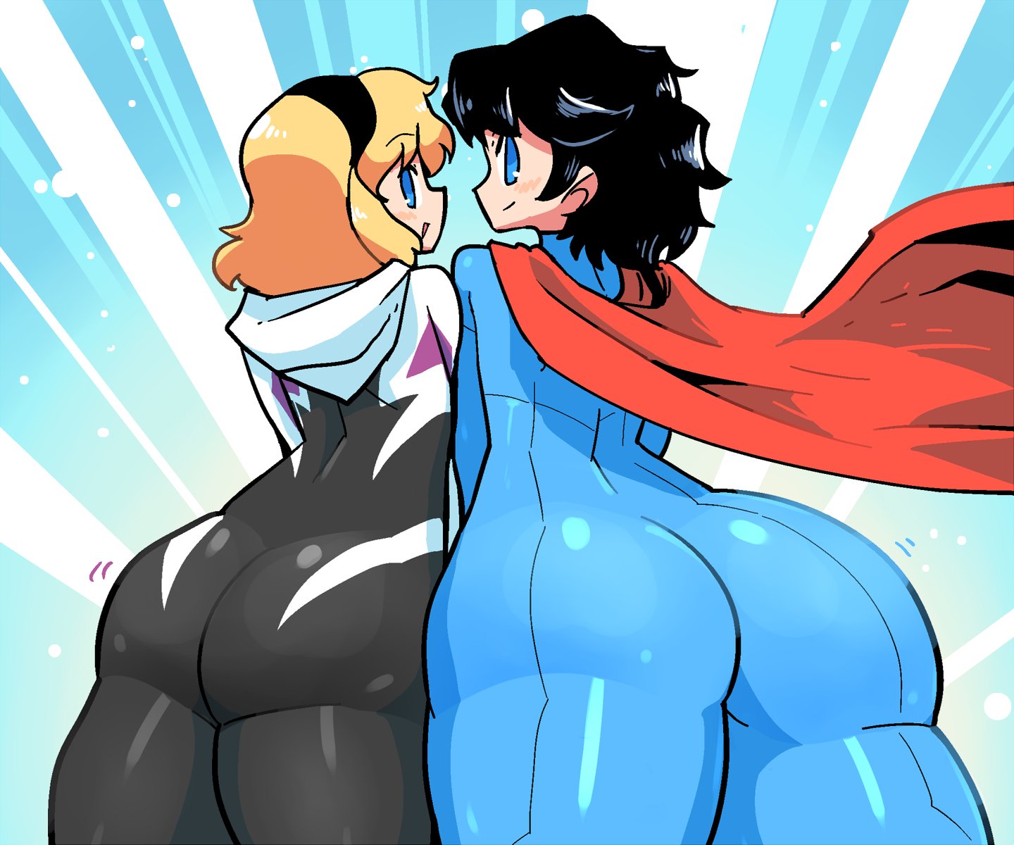 2girls, ass, bodysuit, cape, clara kent, clark kent, crap-man, crossover, dc, dc comics, favorite, female, gwen stacy, hairband, kal-el, looking at viewer, looking back, marvel, marvel comics, multiple females, multiple girls, spider-gwen, spider-man (series), superman, superman (clark kent), superman (series), superwoman, thick ass
