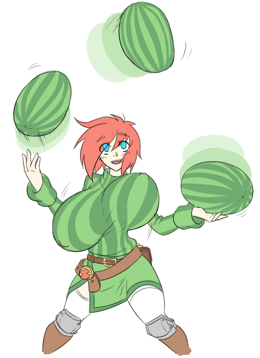 1girls big_breasts blue_eyes borrowed_character bouncing_breasts breasts huge_breasts humor juggling matsu-sensei red_hair short_hair solo solo_female subi tagme watermelon