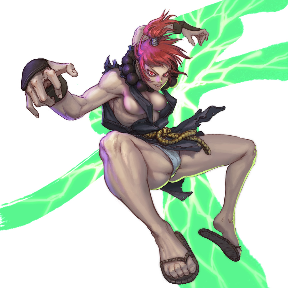 akuma capcom evil face feet female female_only gouki hands human jewelry jumping loped midair muscles muscular_female necklace open_toe_shoes panties pantyshot red_eyes red_hair rope rule_63 sandals sideboob solo straight_hair street_fighter topknot underwear