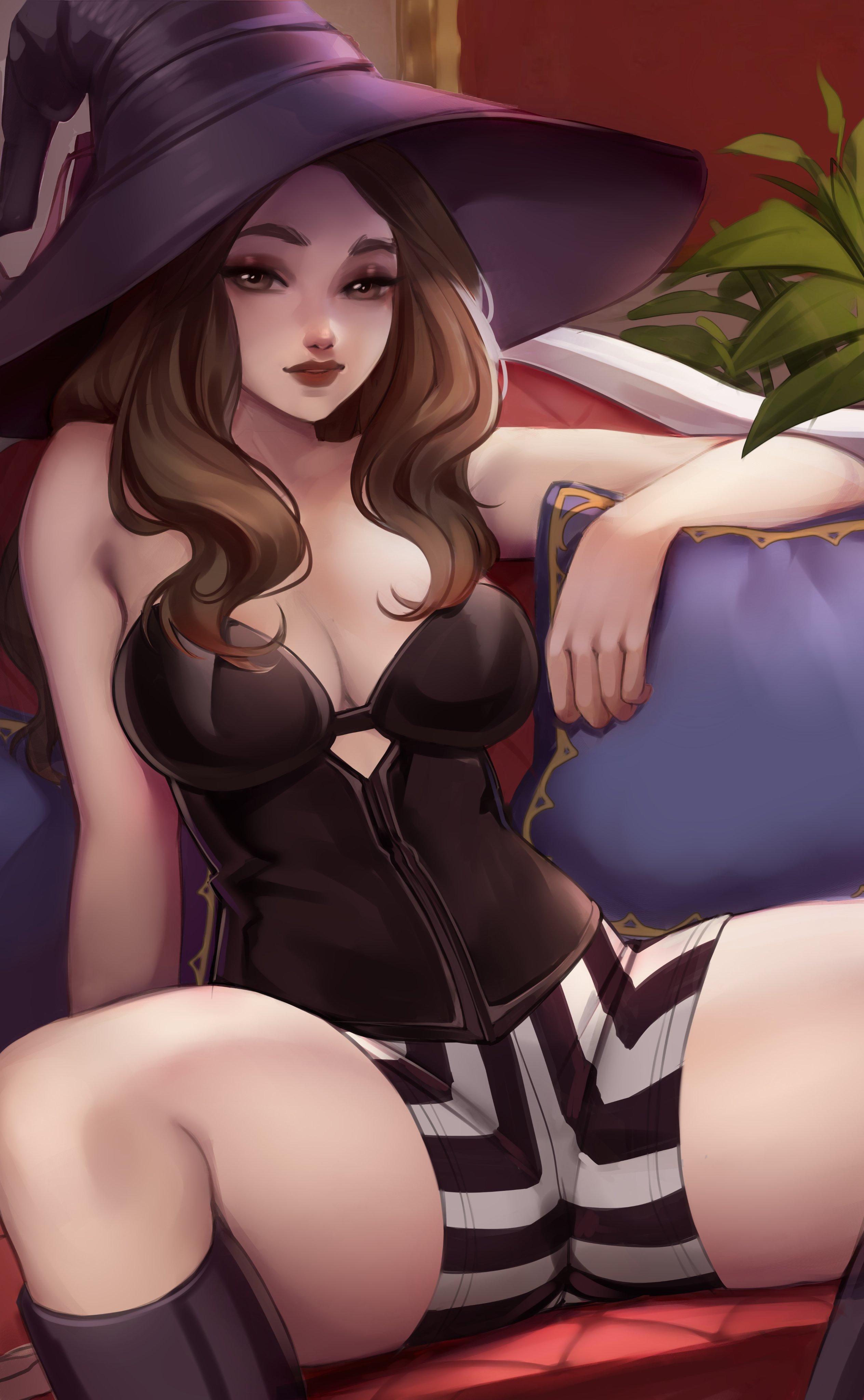 1girls, absurd res, brown eyes, brown hair, commission, corset, detailed background, female, female only, leaning on elbow, legs apart, long hair, looking at viewer, maewix1, shorts, sitting, sitting on couch, solo, thick thighs, witch hat