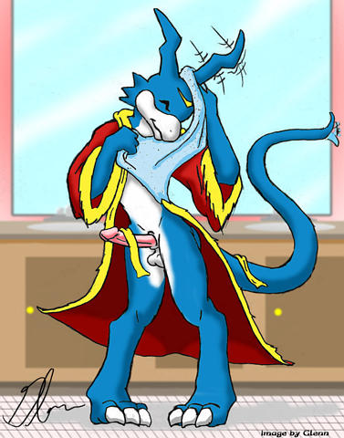 anthro digimon flamedramon front_view glenn male male_only open_robe penis robe solo standing tagme