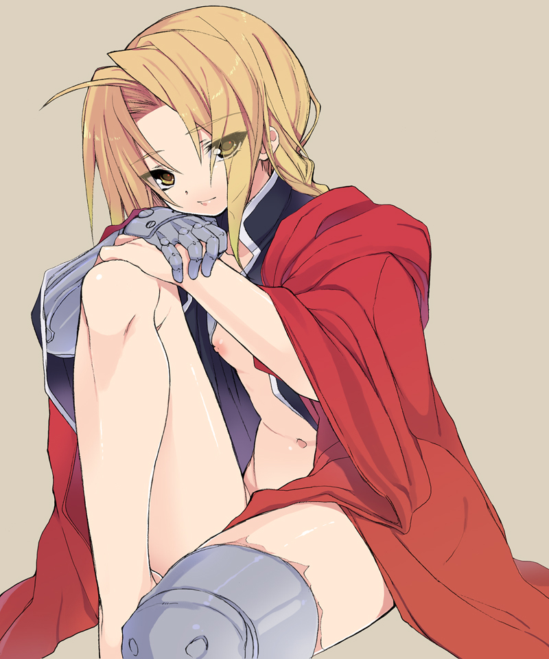 automail blonde_hair braid breasts color edward_elric female fullmetal_alchemist human long_hair navel nipples no_pants open_clothes open_shirt rule_63 scar sitting smile solo yellow_eyes yukimachi_tounosuke