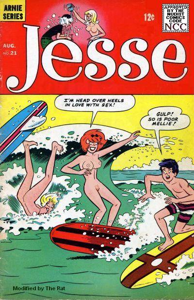 2girls alexander_cabot_iii alias_the_rat archie_comics black_hair blonde_hair casual comic_cover female hanna-barbera human josie_and_the_pussycats josie_mcoy melody_valentine multiple_girls nipples nude pale_skin public pussy red_hair surfing