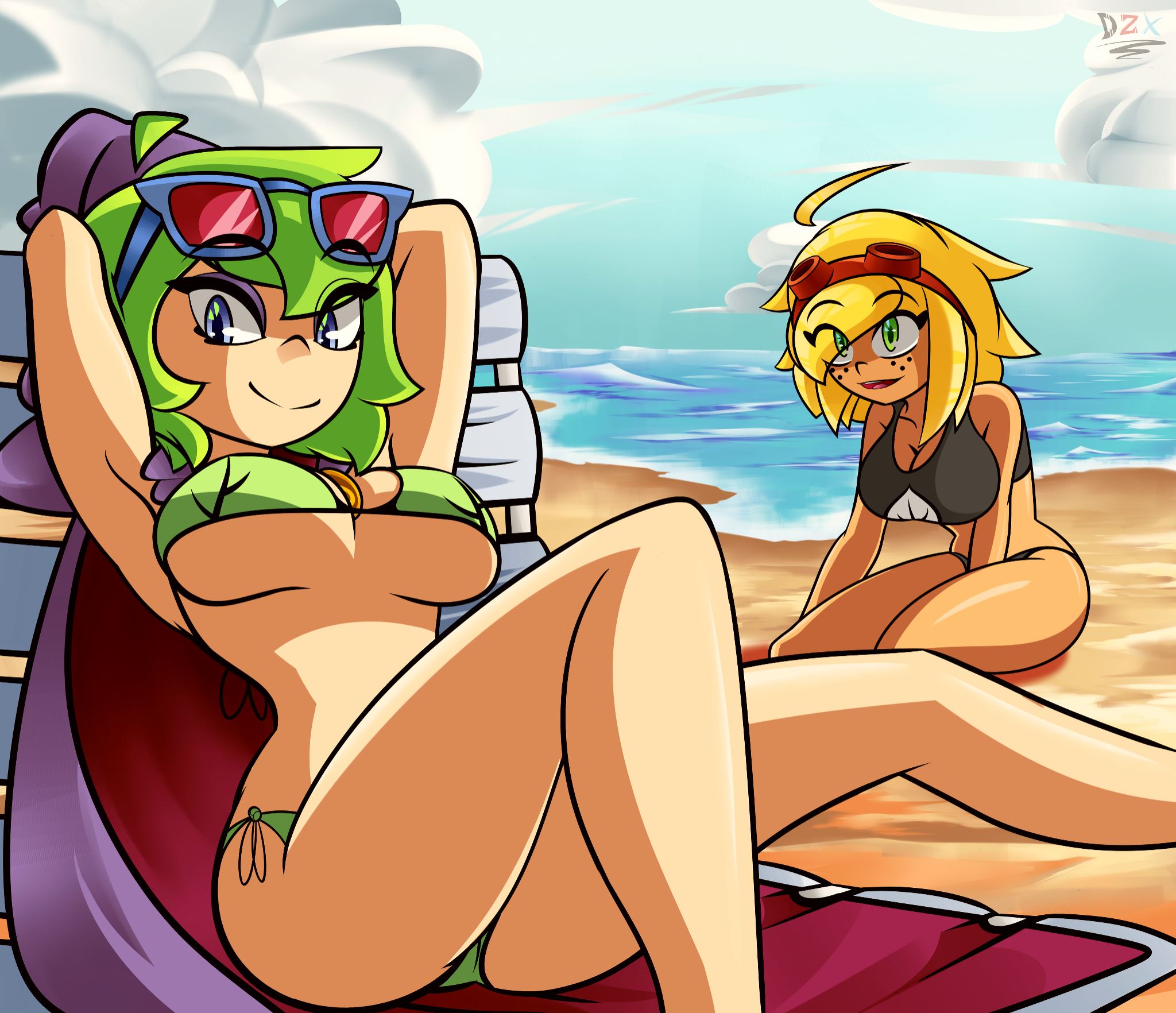 2girls, armpits, bare shoulders, beach, belly, big breasts, bikini, breasts, cleavage, clothed, clothes, clothing, diego zx-f, female, female only, green shadow (pvz), hips, huge breasts, human, human only, humanized, humanoid, large breasts, looking at viewer, lying, mammal, peashooter (pvz), personification, plants vs zombies, plants vs zombies: heroes, seductive, seductive eyes, seductive look, seductive smile, short hair, sitting, smile, smiling, smiling at viewer, solar flare (peargor), solar flare (pvz), sunflower (pvz), thick, thick thighs, thighs, voluptuous, wide hips, yellow hair