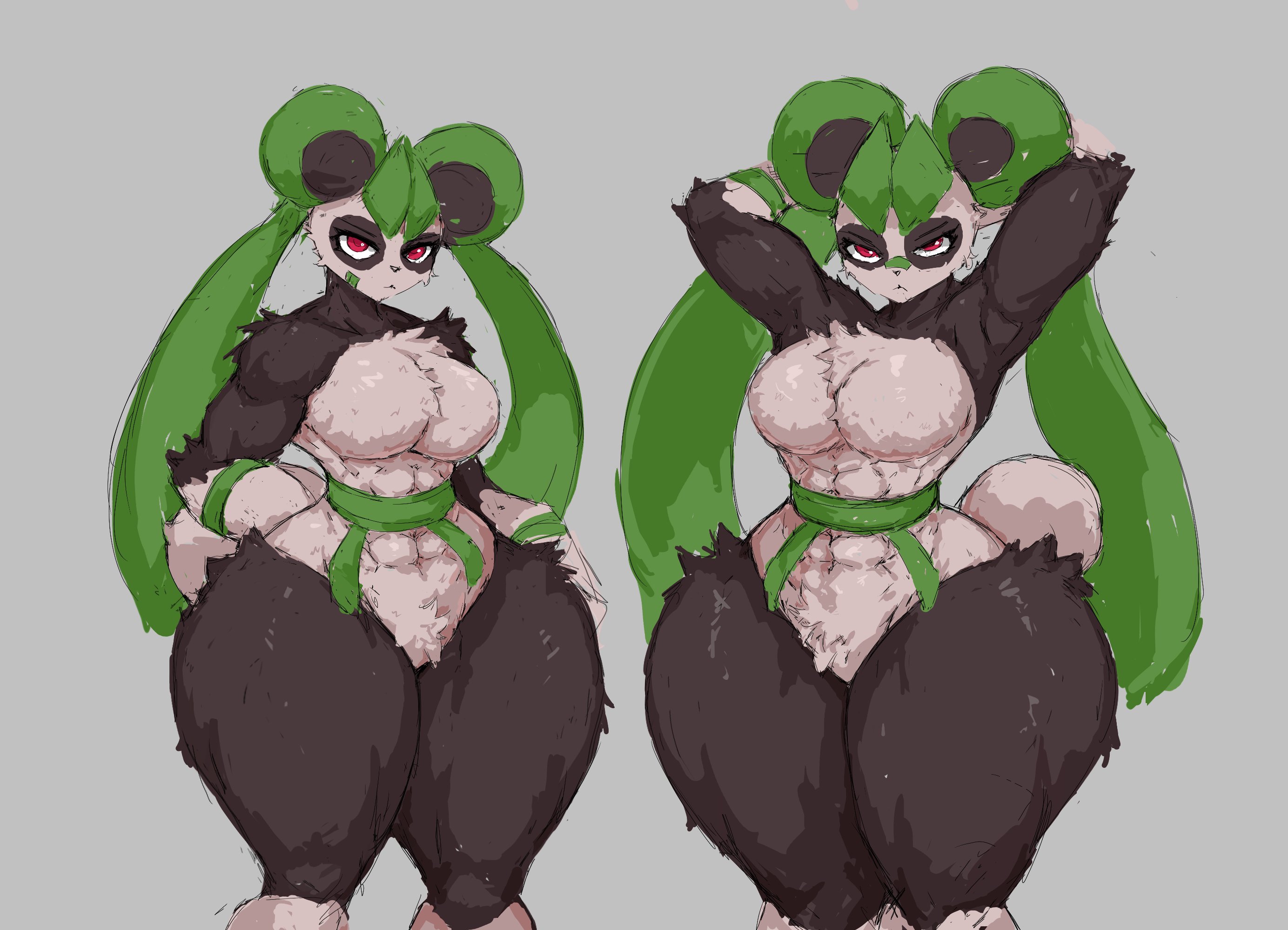 1girls, abs, anthro, anthro female, big breasts, breasts, female, female only, furry, furry female, huge thighs, leafan (pal), littleteze, muscular female, pal (species), palworld, panda, panda girl, red eyes, six pack, six pack abs, tail, thick thighs, thighs, twintails, twintails (hairstyle), voluptuous