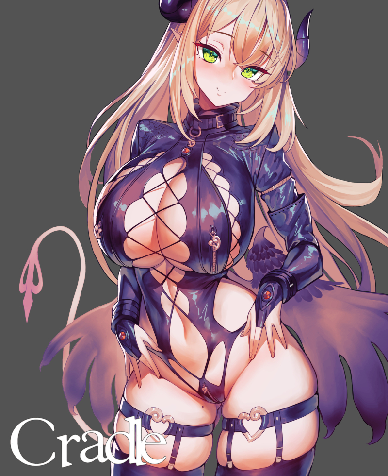 1girls, belt, blonde hair, breasts, cleavage, collar, demon, demon girl, demon horns, female, female only, green eyes, horns, huge breasts, long hair, navel, original, revealing clothes, skindentation, solo, suerte, tail, thighhighs